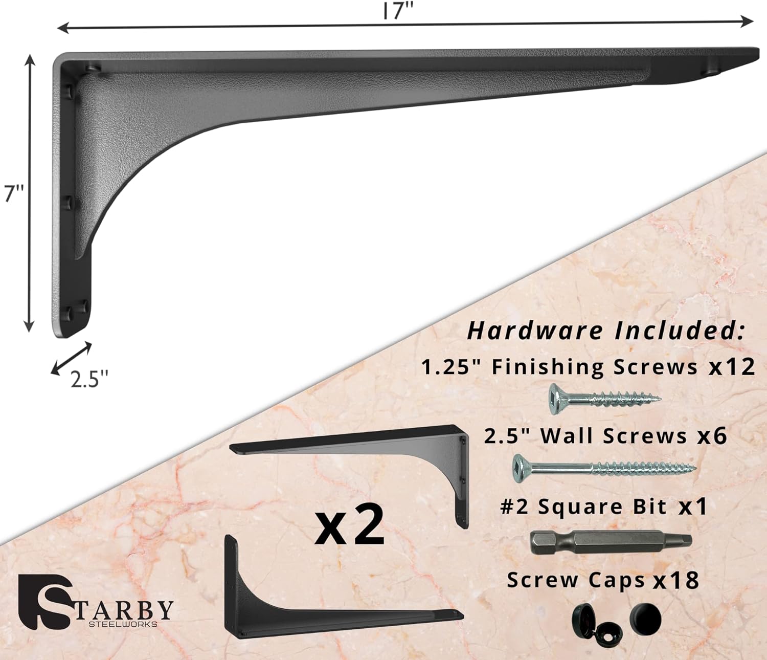 Starby Gladiator Series Solid Heavy Duty Welded 500 Lb Low Profile Granite Countertop Support Shelf Brackets Floating Shelf Discrete Slim 500 LB Capacity (2 Pack) (7" x 17" x 2x5)