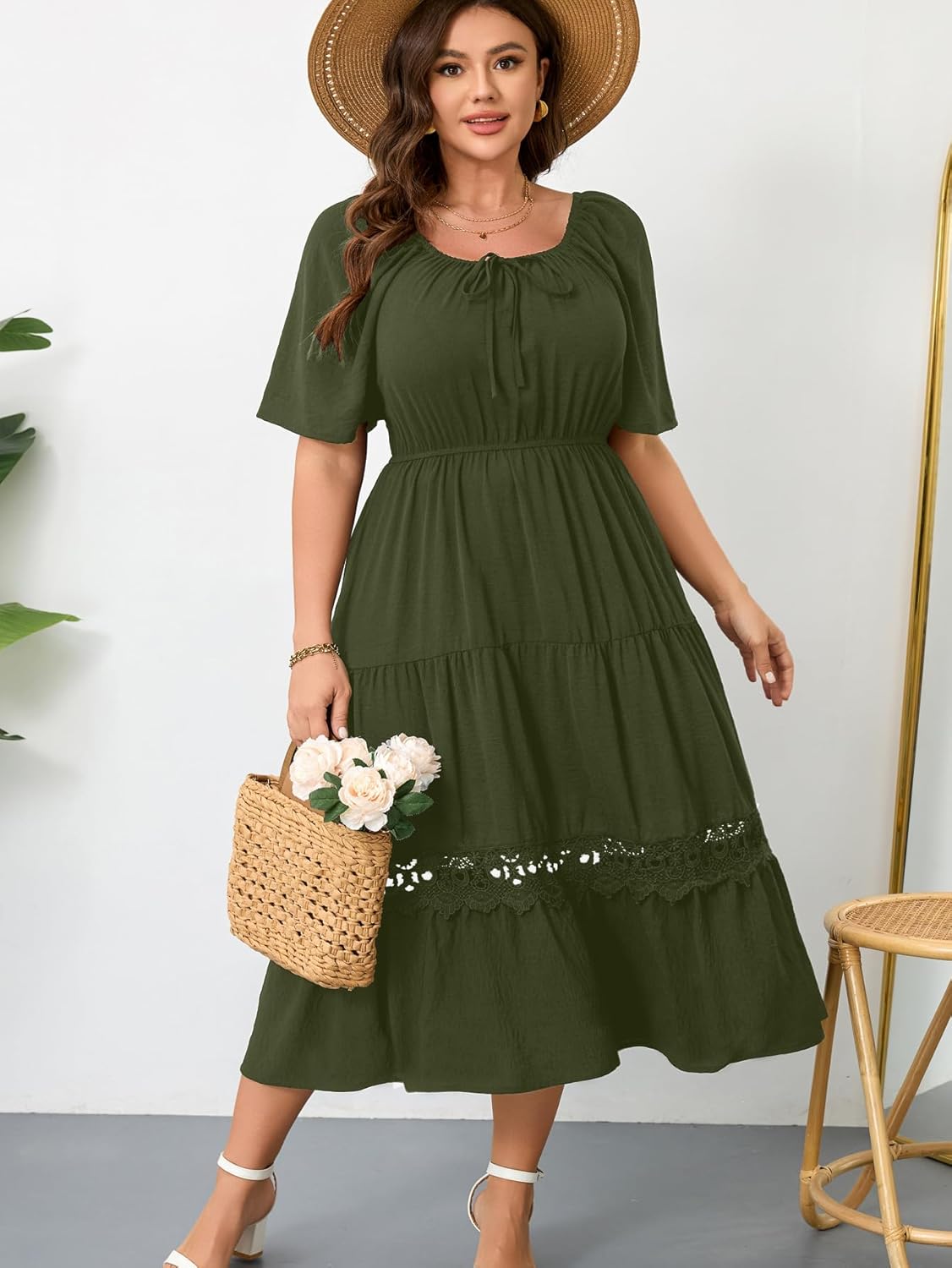 RWJ Women's Plus Size Maxi Dress Short Sleeve Square Neck Flowy A-Line Lace Trim Flutter Party Casual Off Shoulder Dresses - Image 6