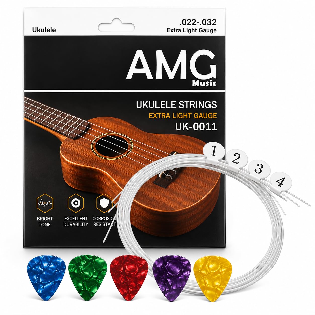 techblaze 4 nylon ukulele strings set with picks replacement ukulele strings true tone for soprano, concert, tenor, 1-a,2-e,3-c,4-g – white