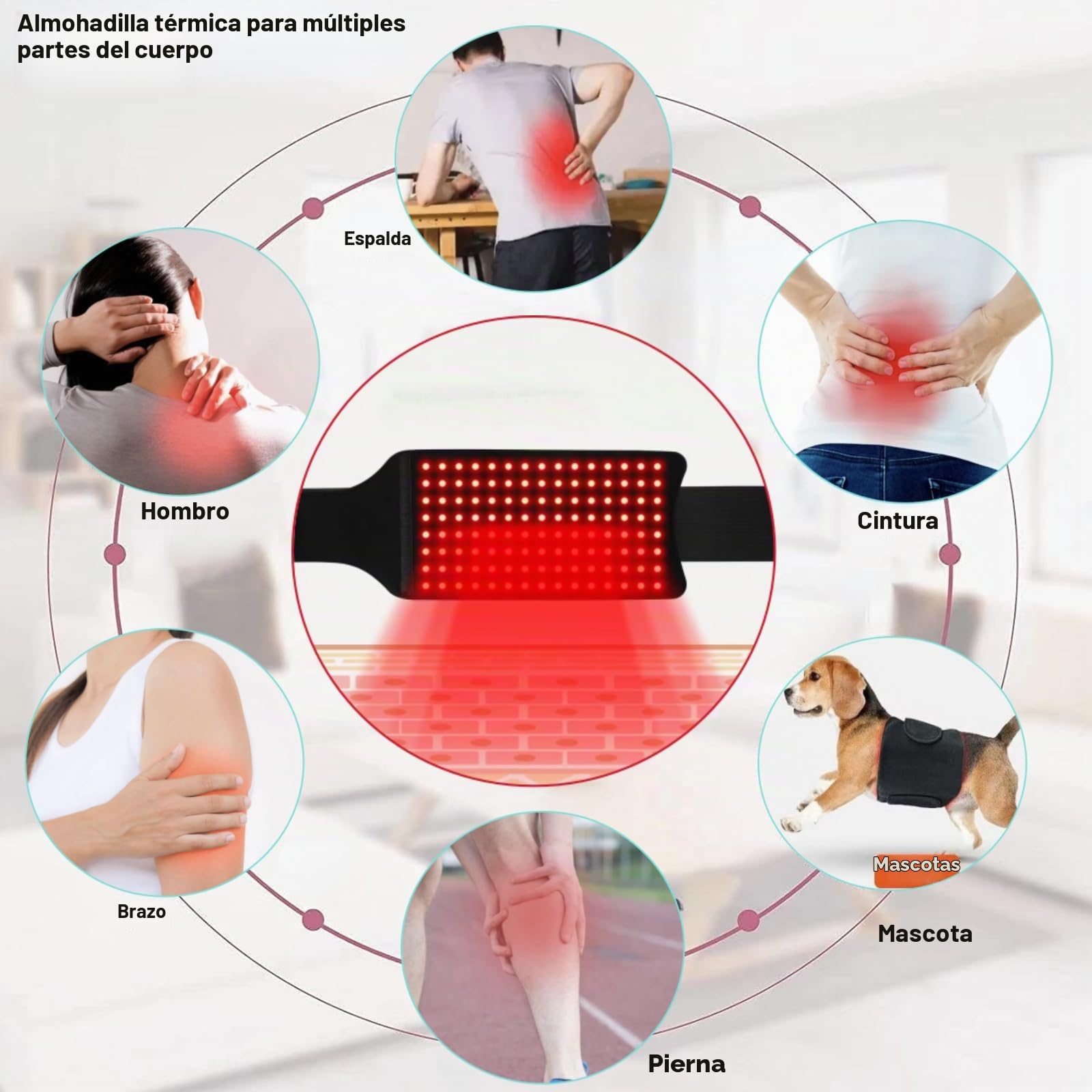 Cinturón de terapia de luz roja con masaje y luz infrarroja de 660 nm y 850 nm, almohadilla térmica para aliviar el dolor de cintura, espalda, zona lumbar, hombros, abdomen y piernas y relajarse