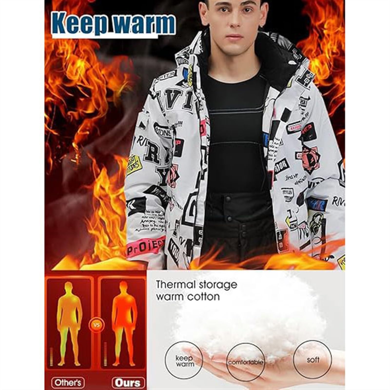 Yytcsjz Completo Da Sci Da Uomo In Due Pezzi, Set Giacca E Pantaloni Con Cappuccio E Stampa Graffiti Caldi Invernali Da Uomo, Set Di Tute Da Sci Calde E Spesse Resistenti All'usura