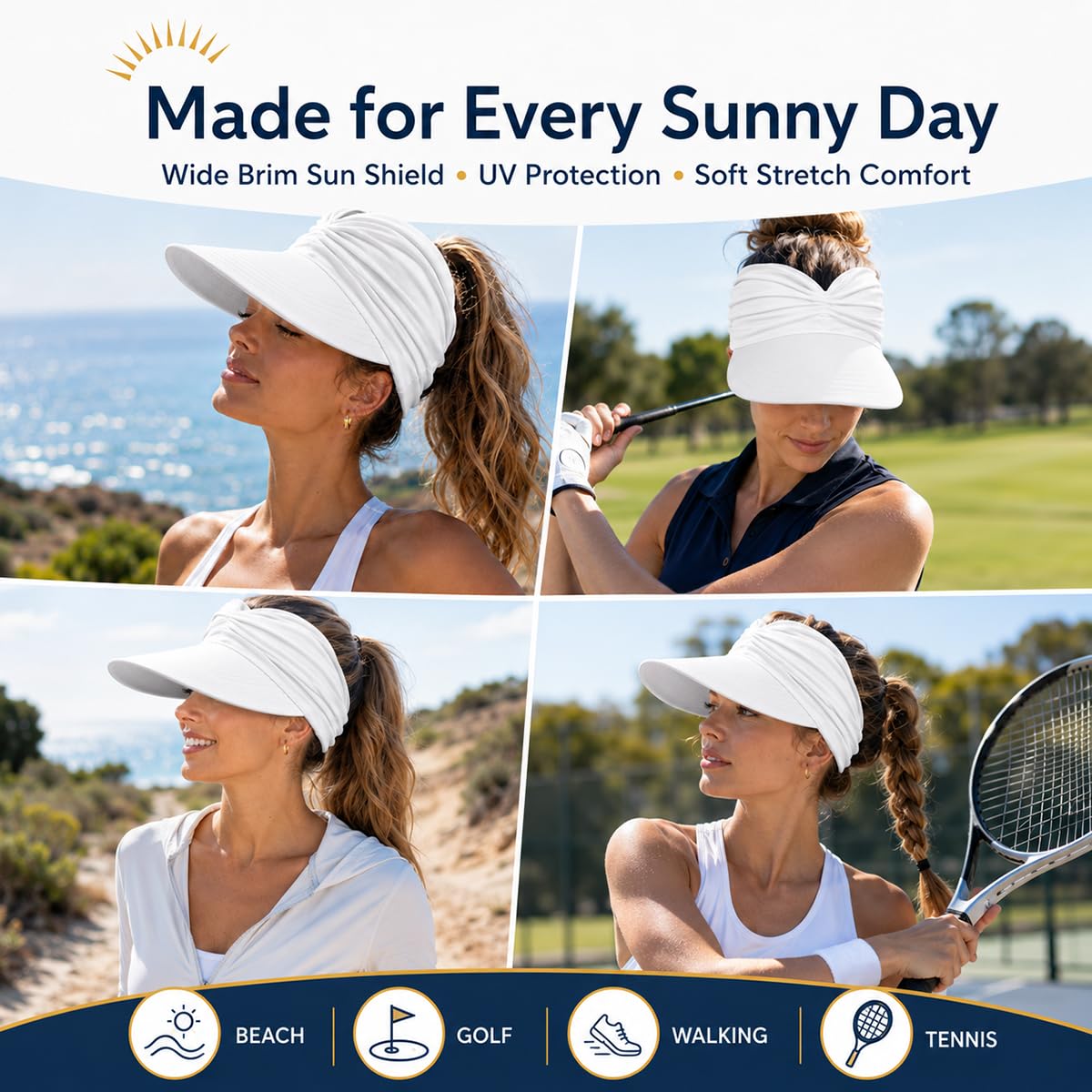 Women's UPF 50+ UV Protection Sun Visor Hat – Wide Brim Lightweight Foldable Ponytail cap for Summer Outdoor Walking Golf