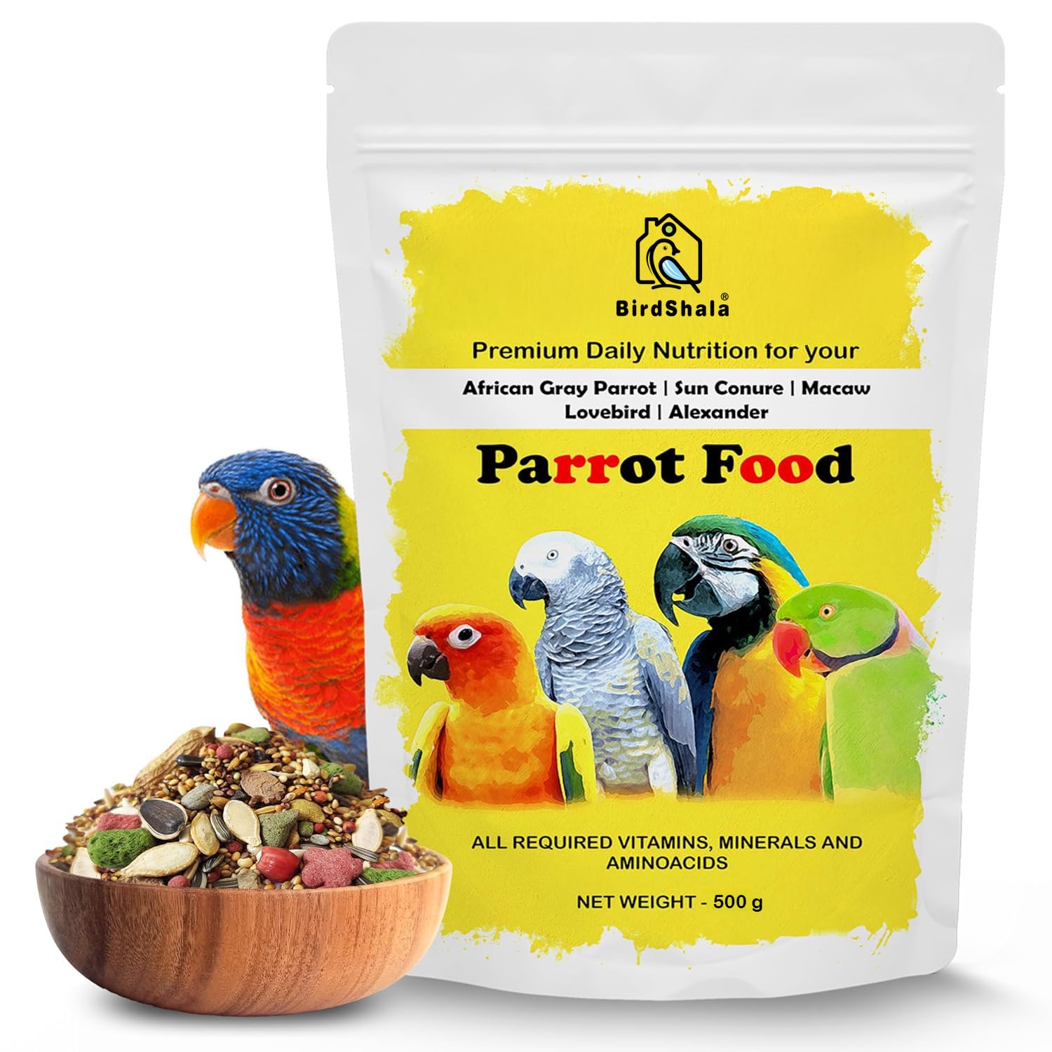 BirdShala Parrot Food for All Life Stages African Grey Parrot,Sun Conure,Macaw,Lovebird and Alexander Premium Seed Blend of Grains, Nuts & Fruit Pellets 500Gm-picture-17