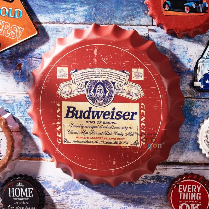 Image of EAZYWAGON Decorative Metal Bottle Caps Wall Sign Plates - 14X14 Inches - Budwe Beer Brand Sign Yellow | Metal Wall Hanging Bottle Cap for Home, Farmhouse, Bar & Cafe | Vintage & Retro Look Plaques