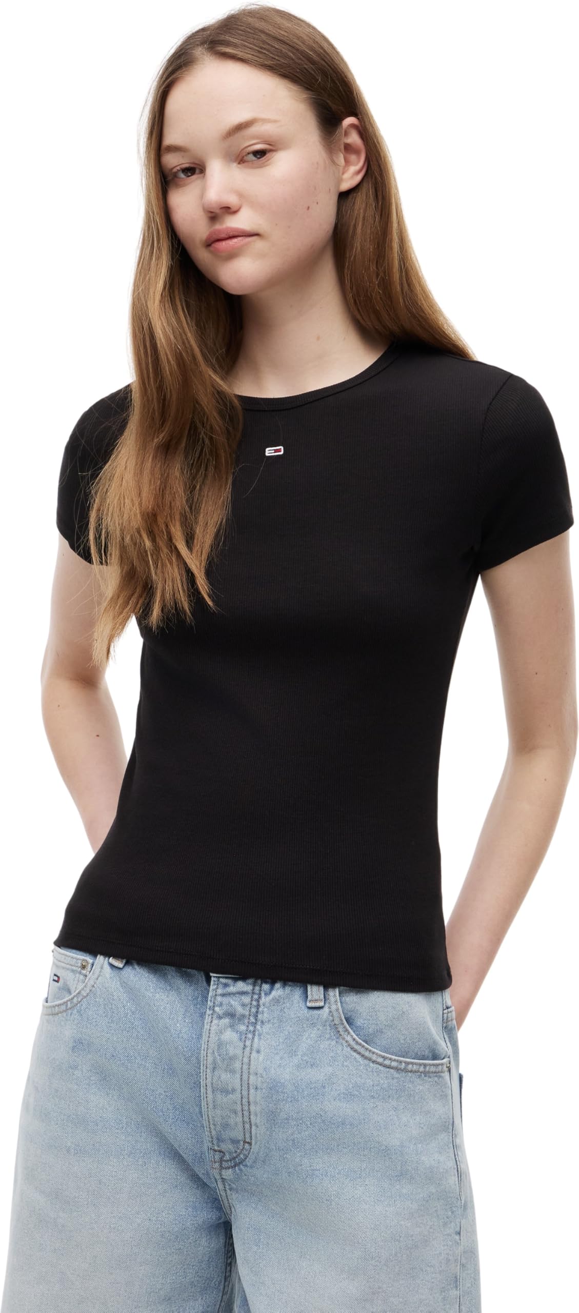 Tommy Jeans Women's Black Short Sleeve Logo Ribbed T-Shirt in Size 12, Sports Direct