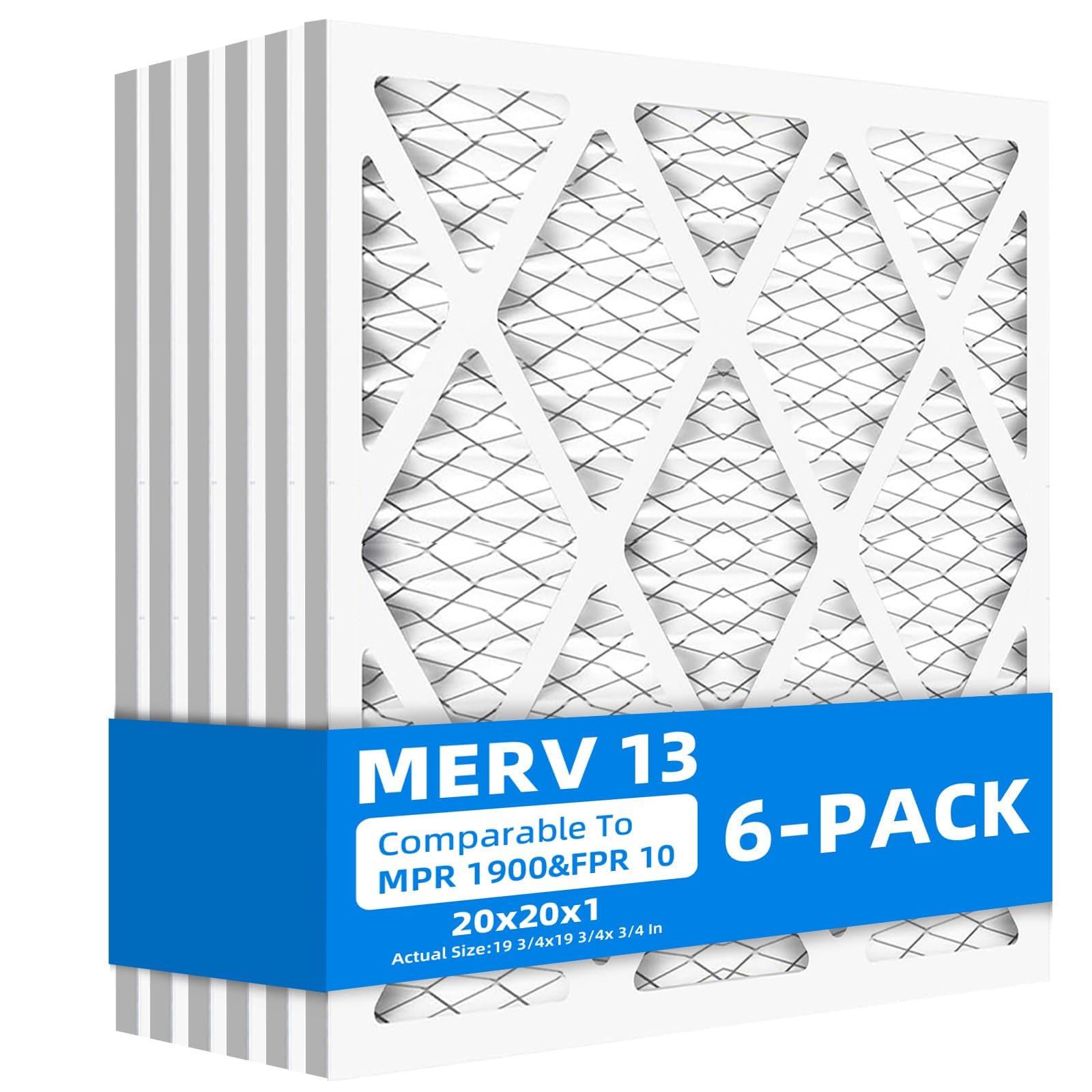 (6-Pack) 20x20x1 inches Furnace Air Filters, MPR 1900 & FPR 10, MERV 13 Pleated Air Filter (Actual Size: 19.75" x 19.75" x 0.75")