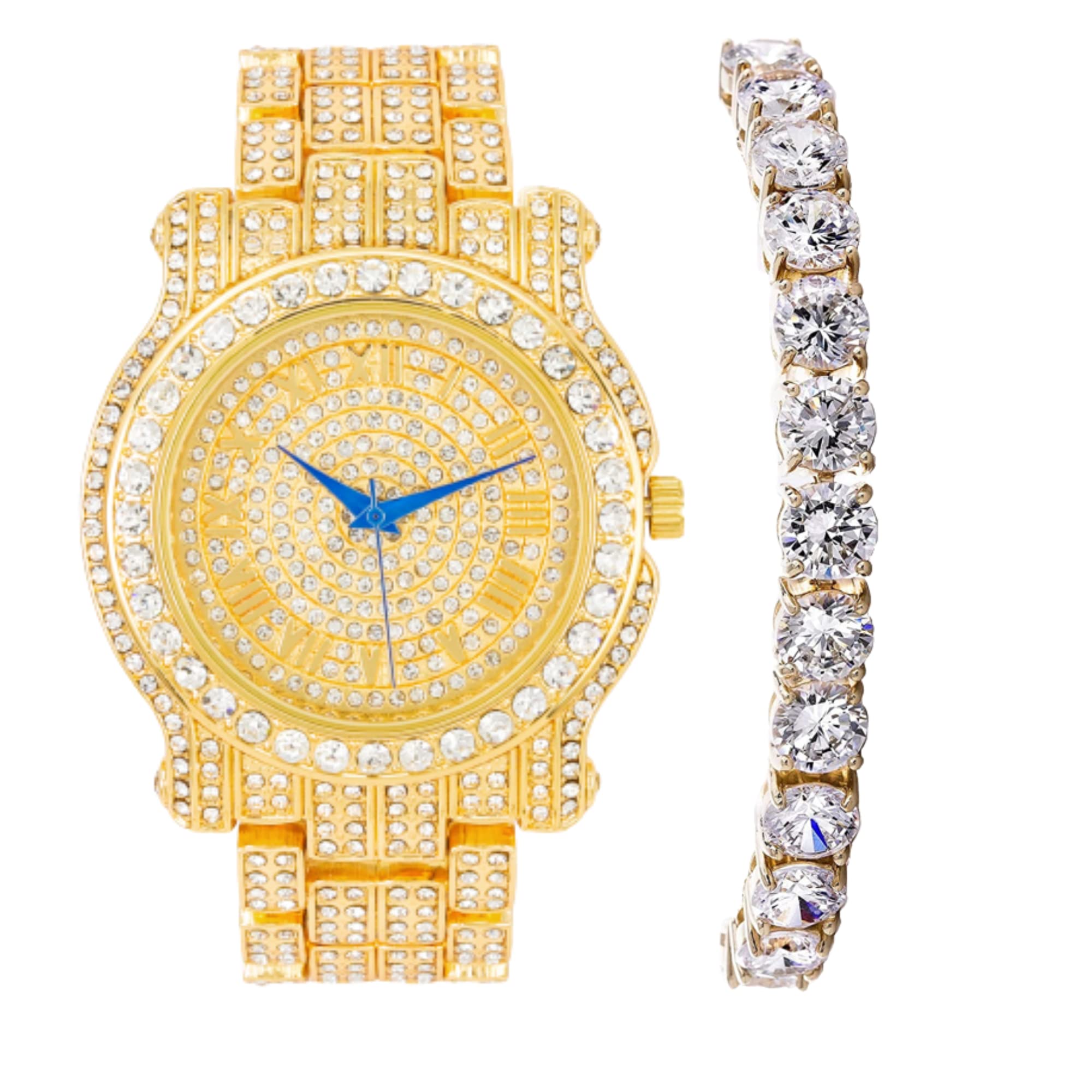 Bling-ed Out Ultimate Hip Hop Royalty Mens Watch w/Easy Reader Roman Numeral or Diamond Time Indicators - Bright Colored Dials - L0504, Gold w/Tennis, mens, L0504 (Gold w/Tennis) (B09T5LLZR6) Amazon Price History, Amazon Price Tracker