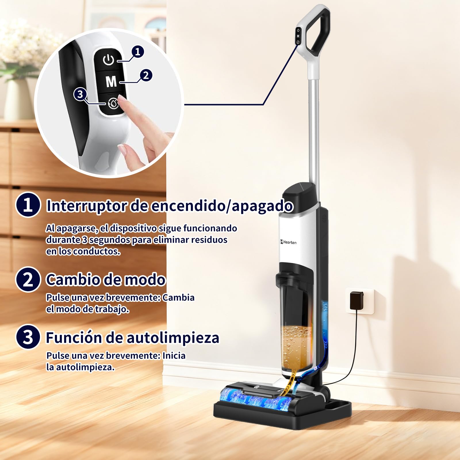 Hearten Aspiradora Fregadora Sin Cable, Desinfección con Agua Electrolizada, Diseño Autopropulsado Fregona Electrica, Autolimpieza, LED, Navegación por Voz, de Bordes, para Suelos Duros,Madera y más