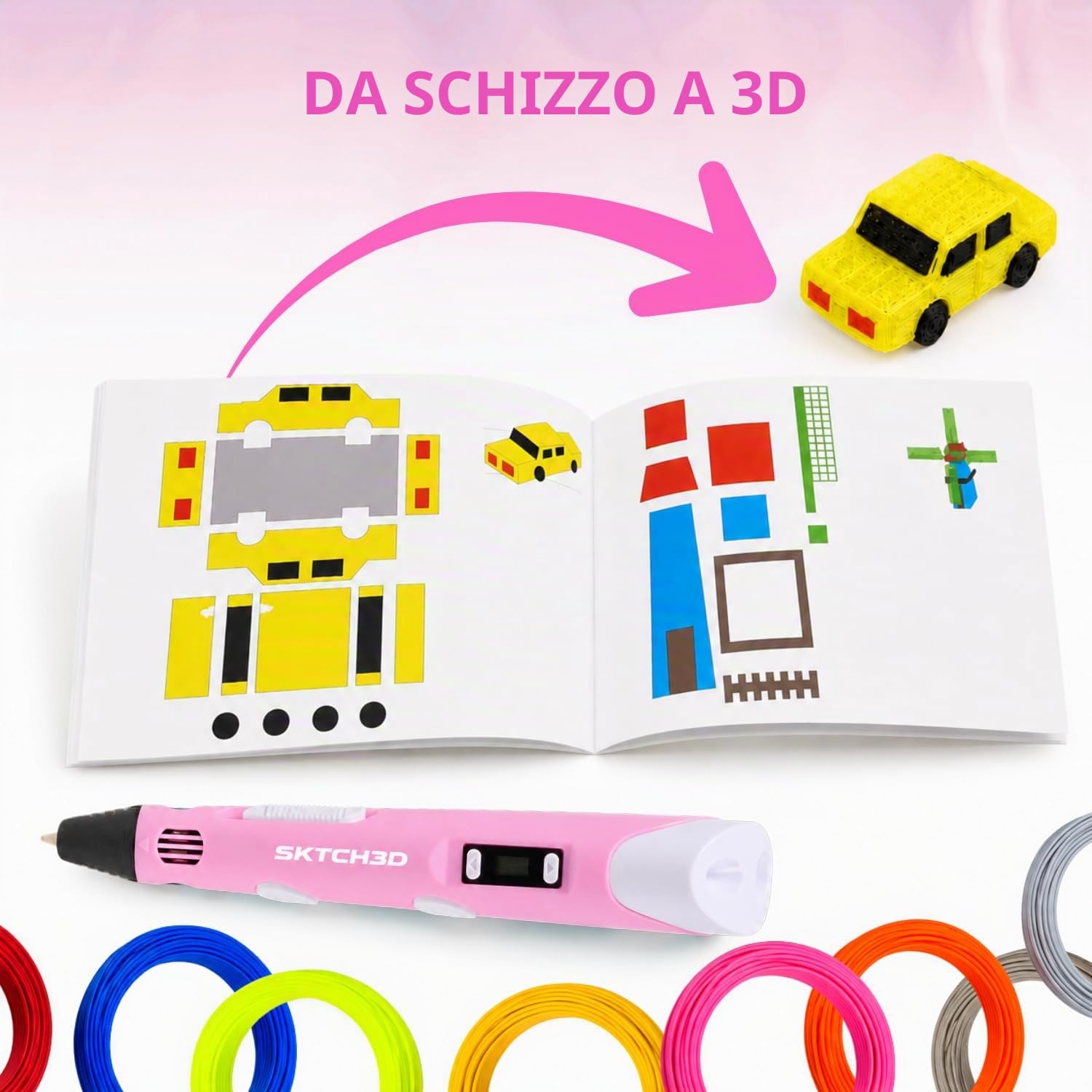 3D Pen con 50m di filamento PLA – Set iniziale professionale per penna 3D con 10 colori, adattatore USB, libro di modelli e istruzioni – Penna 3D per creativi, fai da te e disegno in 3D (Rosa