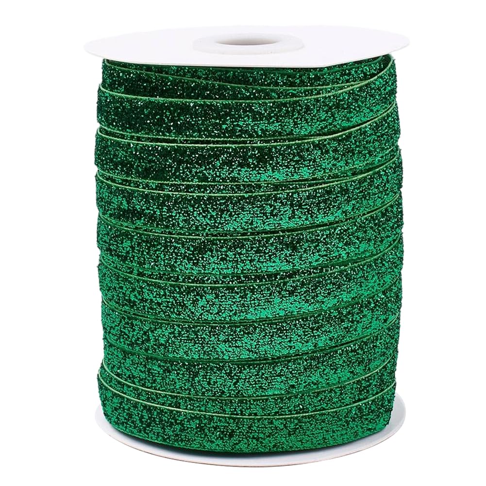 CABODYALS 45.72M 9.5mm Green Vintage Velvet Ribbon Metallic Shiny Sequin Paillette Trim Single Face Narrow with Spool Fabric Ribbons for Sewing Making Christmas Tree Wreath Clothes Decor Diy Craft