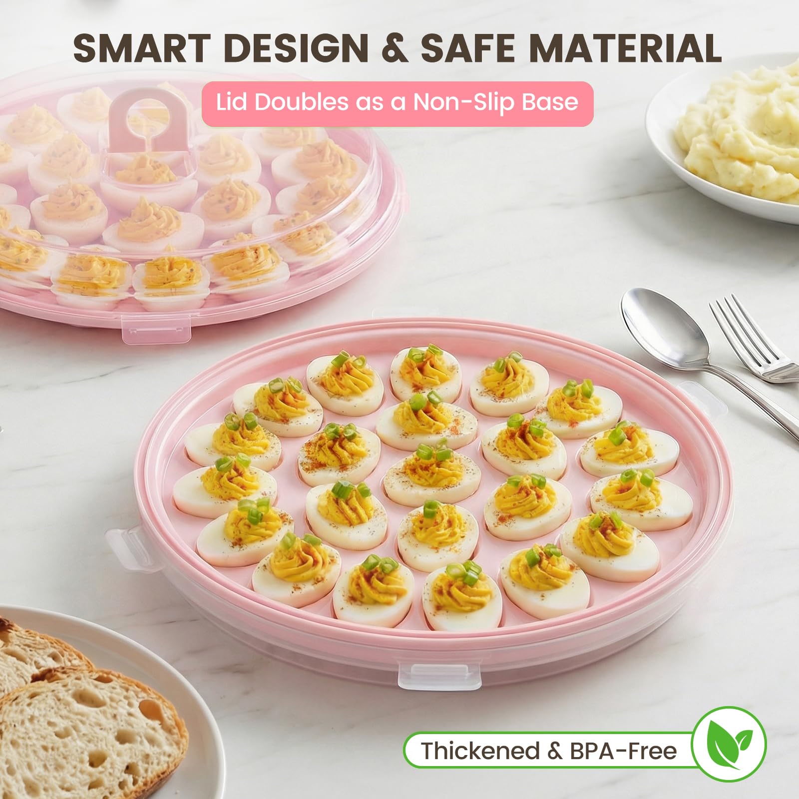 HANSGO Bandeja de huevos diablos, soporte redondo rosa para huevos con tapa, portador portátil para acampar, Pascua, señoras, cocina, refrigerador, 22 ranuras para huevos