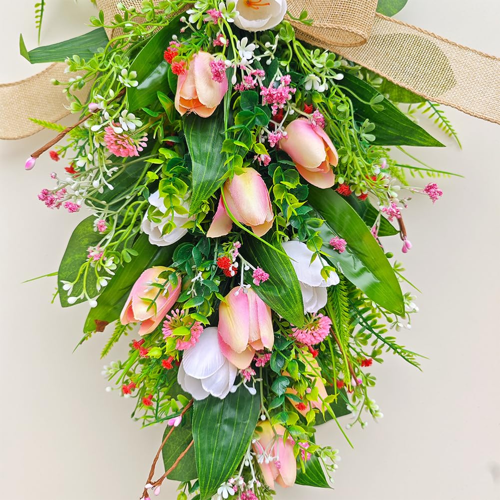Ghirlanda di tulipani per decorazione della porta d'ingresso, ghirlanda di fiori artificiali primaverile estiva con fiocco per ingresso di casa da appendere alla parete, 55 x 30 cm