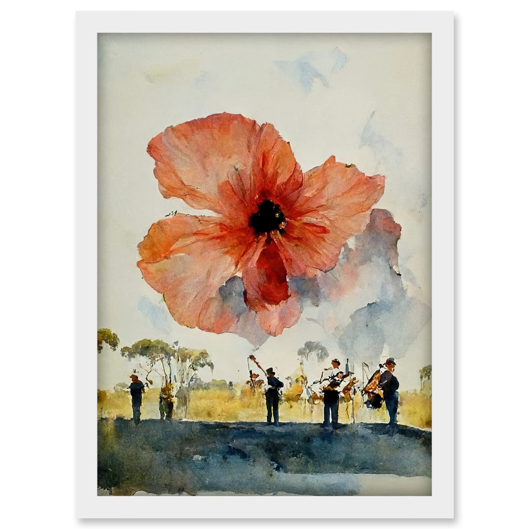 Doppelganger33 LTD Watercolour War Memorial Remembrance Day Poppy Brass Band Artwork Framed A3 Wall Art Print