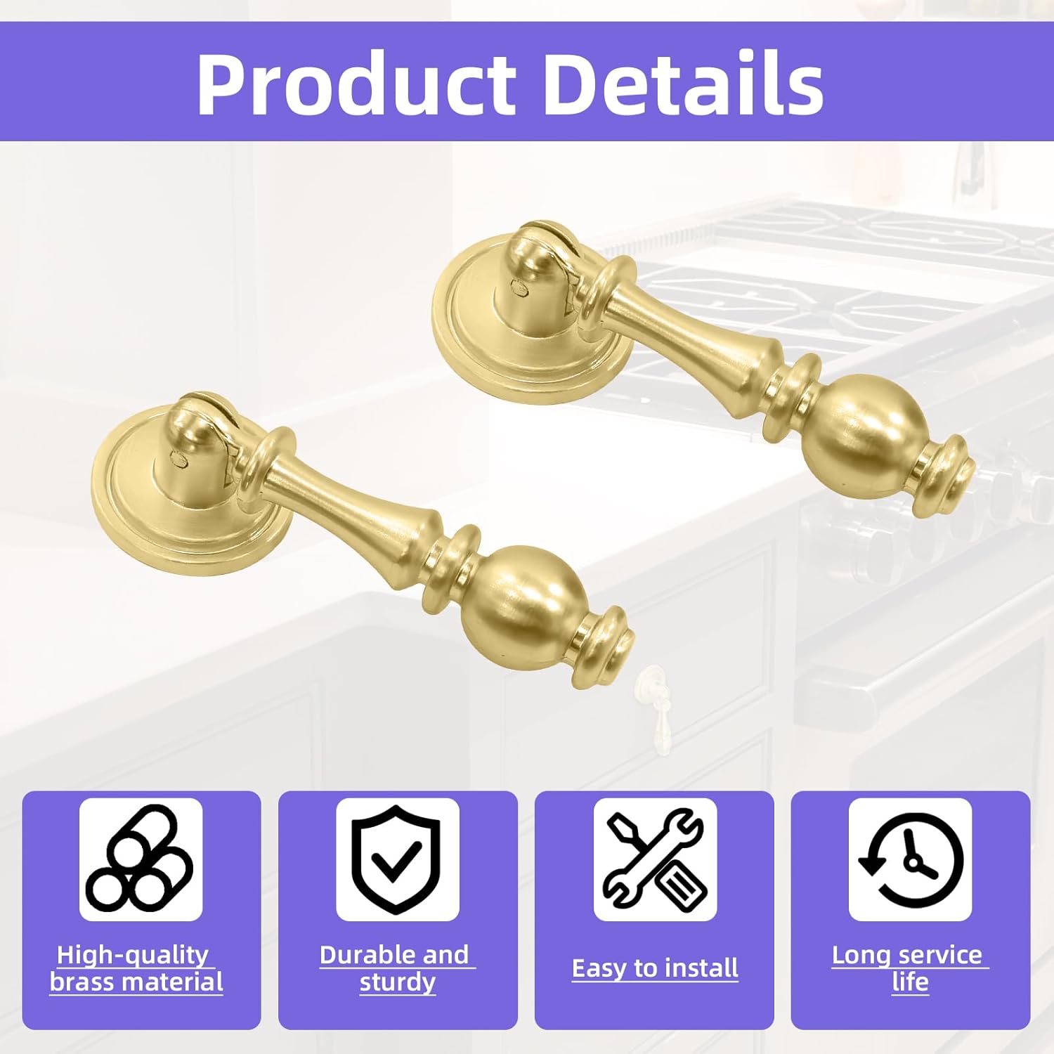4 Pack Solid Brass Cabinet Knobs, Brushed Brass Finish, Gold Cabinet Hardware Handles for Kitchen Cabinets, Bathroom, Wardrobe, Dresser Drawers - Classic Tear Drop Design