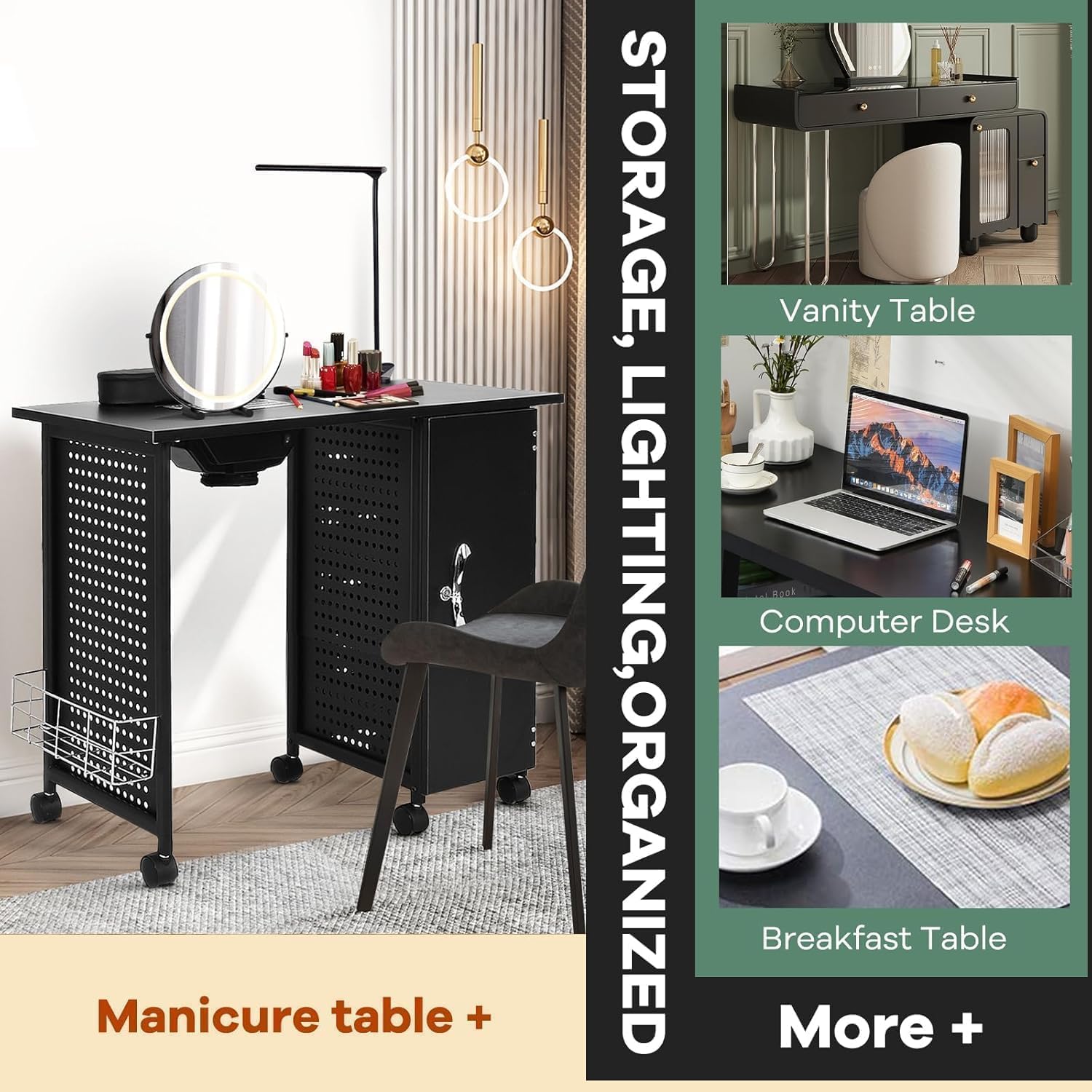 WELLHUT Manicure Table, Mobile Nail Tech Nail Desk with Dust Collector, Steel Frame Acrylic Manicurist Desks Spa Salon Furniture Workstation Beauty Organizer w/LED Lamp, 5 Drawers w/Key, Storage Shelf