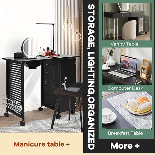 Miniatura 7 de WELLHUT Nail Table Station Pro - Mesa de manicura móvil con marco de acero, manicurista, escritorio, spa, sala de estar, muebles, equipo de belleza