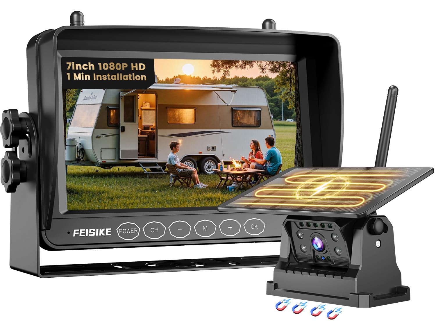 Magnetic Solar Wireless Backup Camera for RV Truck Trailer 7 1080P Monitor 1-Min Install No Delay 150 Rearview