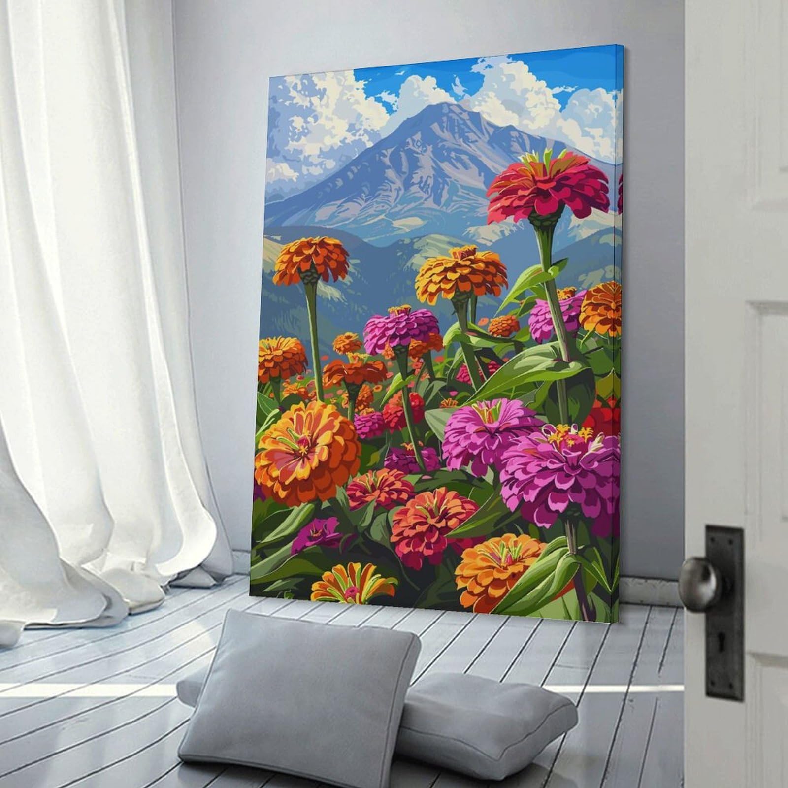 Junmoney Mountainside Zinnia Field Canvas Wall Art, 20x30inch(50x75cm), for Bedroom Decor, Cosy Corners Or Studios, Stylish Decor for A Restful Room Update