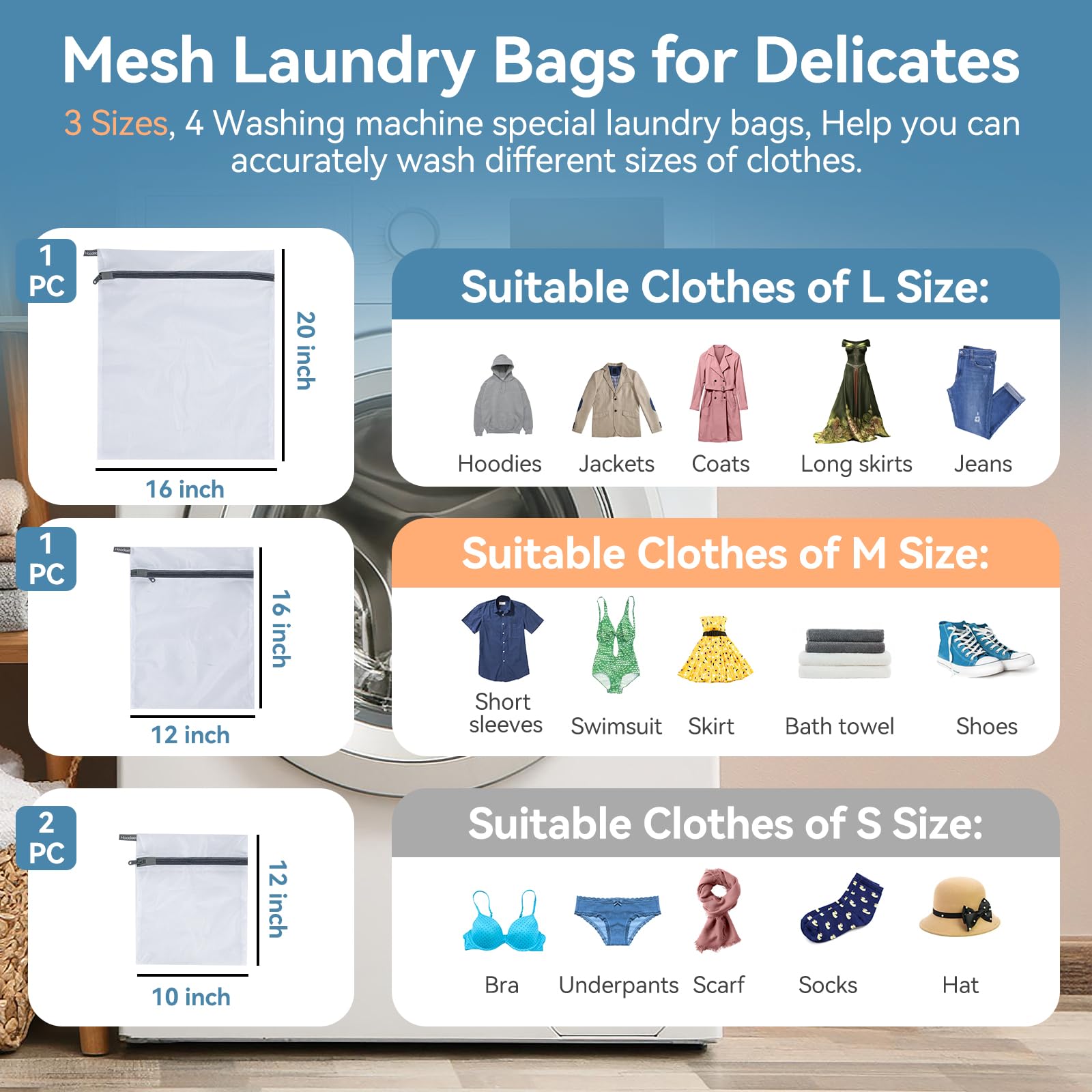 Hoodeet Mesh Laundry Bags for Delicates, 4Pcs Laundry Bags Mesh Wash Bags,Lingerie Bags for Washing Delicates, Laundry Bag for Delicates (1 Large,1 Medium,2 Small)