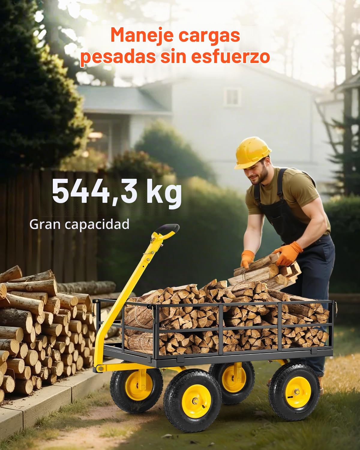 VEVOR 2 en 1 Carrito de Jardín de Acero de 2125 x 750 x 670 mm con Neumáticos Todoterreno de 13", Laterales de Malla Extraíbles y Manija Giratoria de 180°, Carga de 544,31 kg, Amarillo y Negro