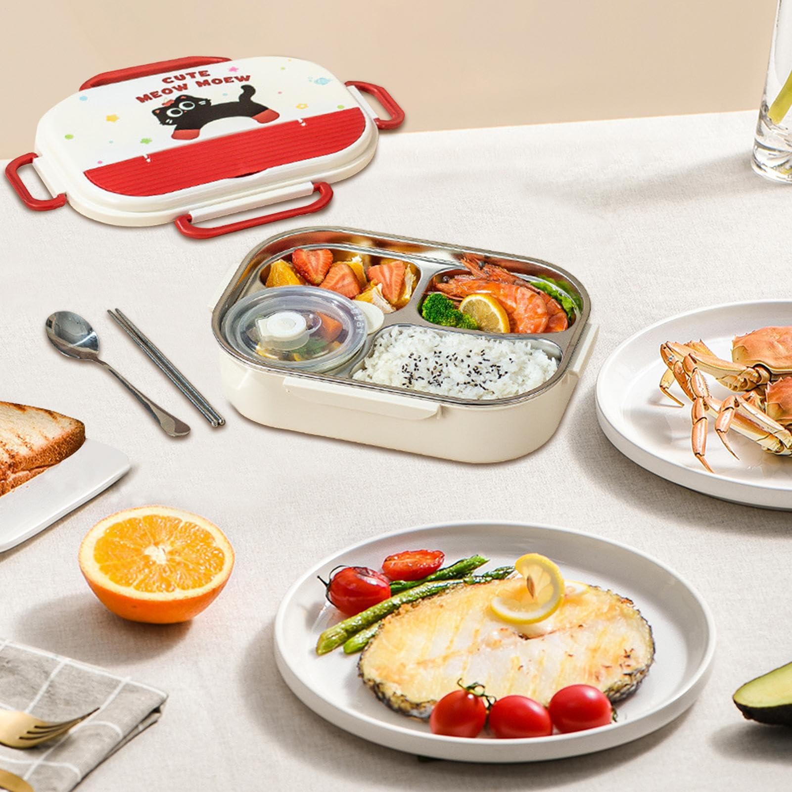 Boîte À Lunch En Acier Inoxydable Pour Étanche, passe au micro-ondes, sac | contenants à collation 4 compartiments et couverts adultes Boîte Repas Et Collations Pour École, Piq