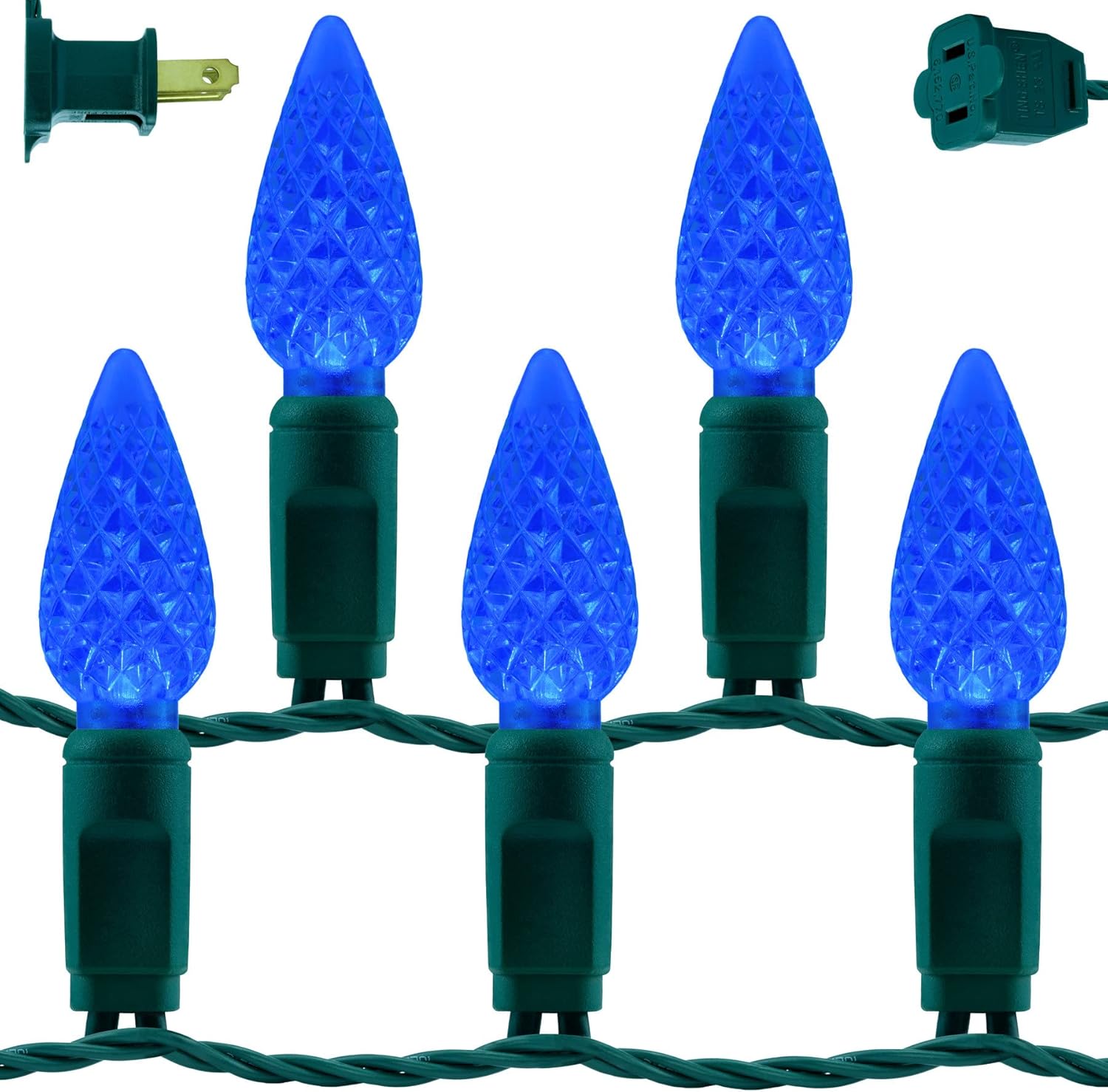 YULETIME Blue C6 Strawberry LED Christmas Lights, 33 ft 100 Count 4" Spacing OnePiece High