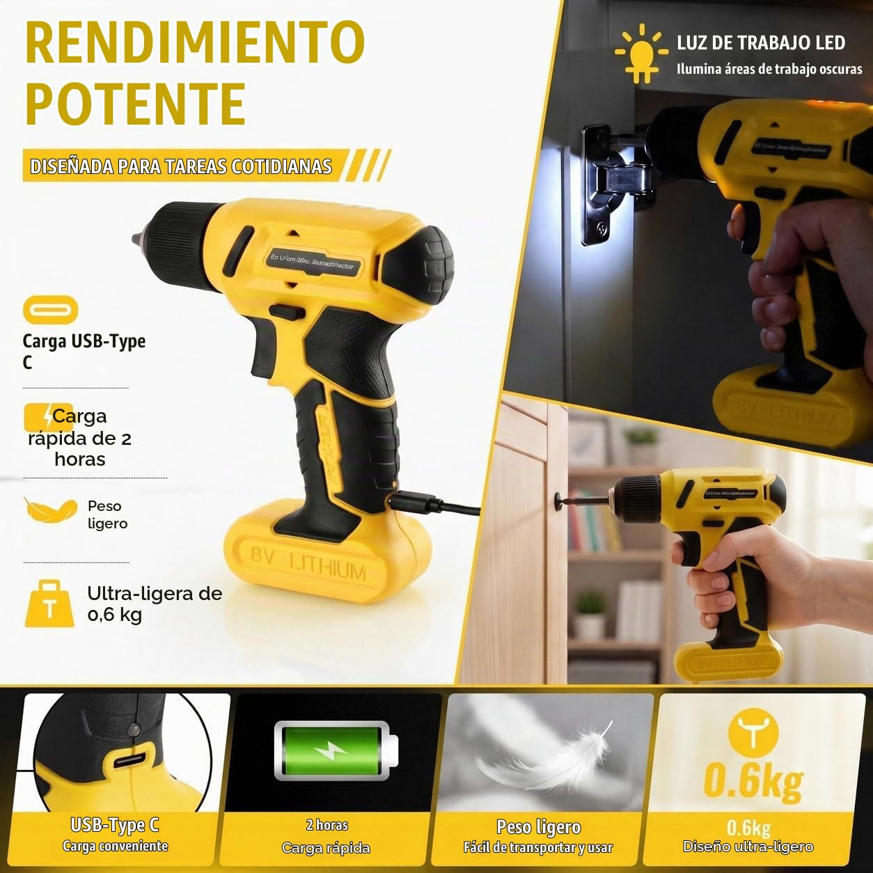 TLGREEN Caja Herramientas con Destornillador Electrico/Taladro 8V, Maletin Herramientas Completa 101 Piezas, Kit Juego de herramientas, Portable para Bricolaje y Arreglos Diarios | Carga USB-C Maletín Herramientas Portátil Juego de Herramientas, Juego de