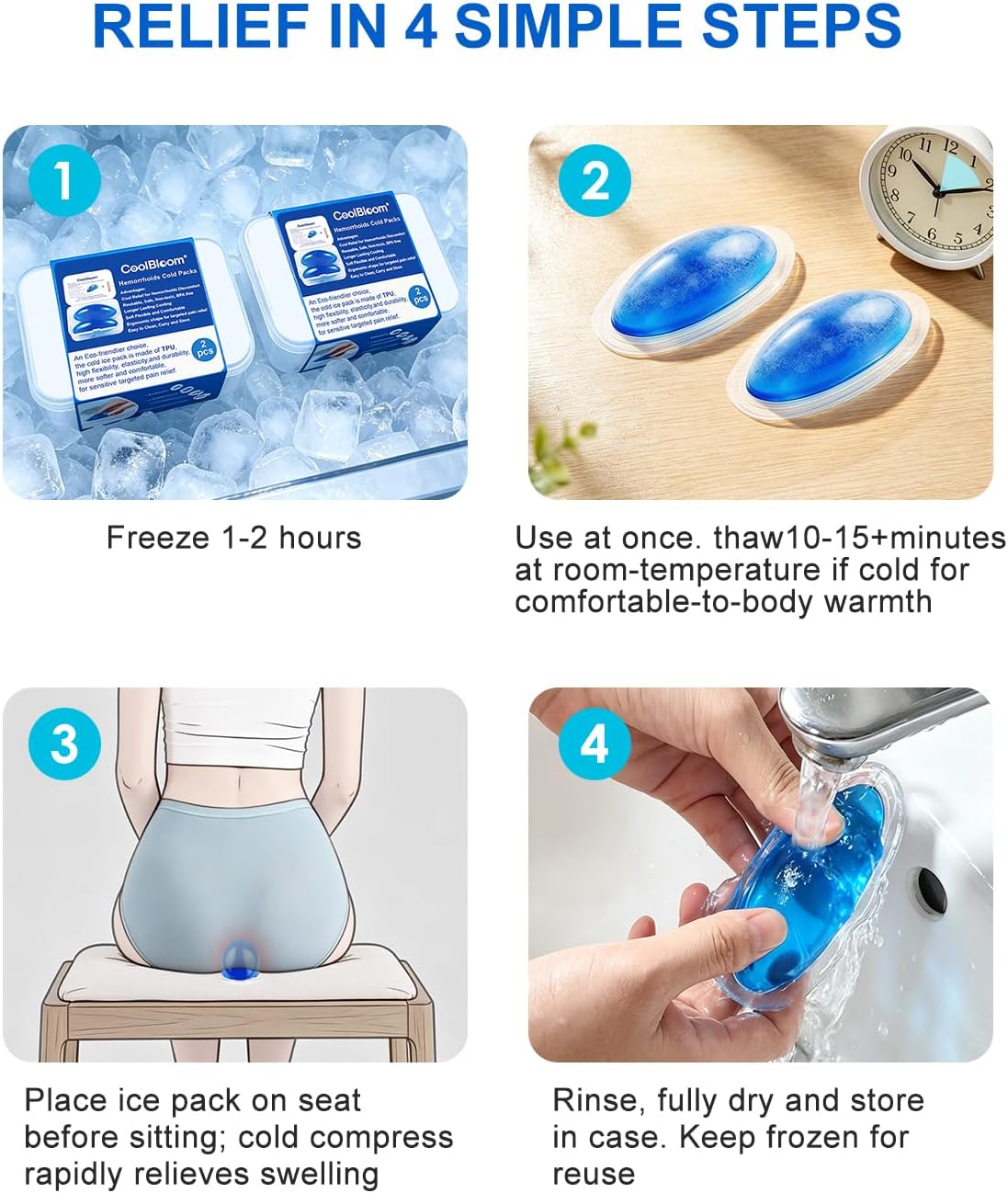 CoolBloom 2PC Hemorrhoid Ice Pack, Gel Pad Pain & Swelling Relief Women Men