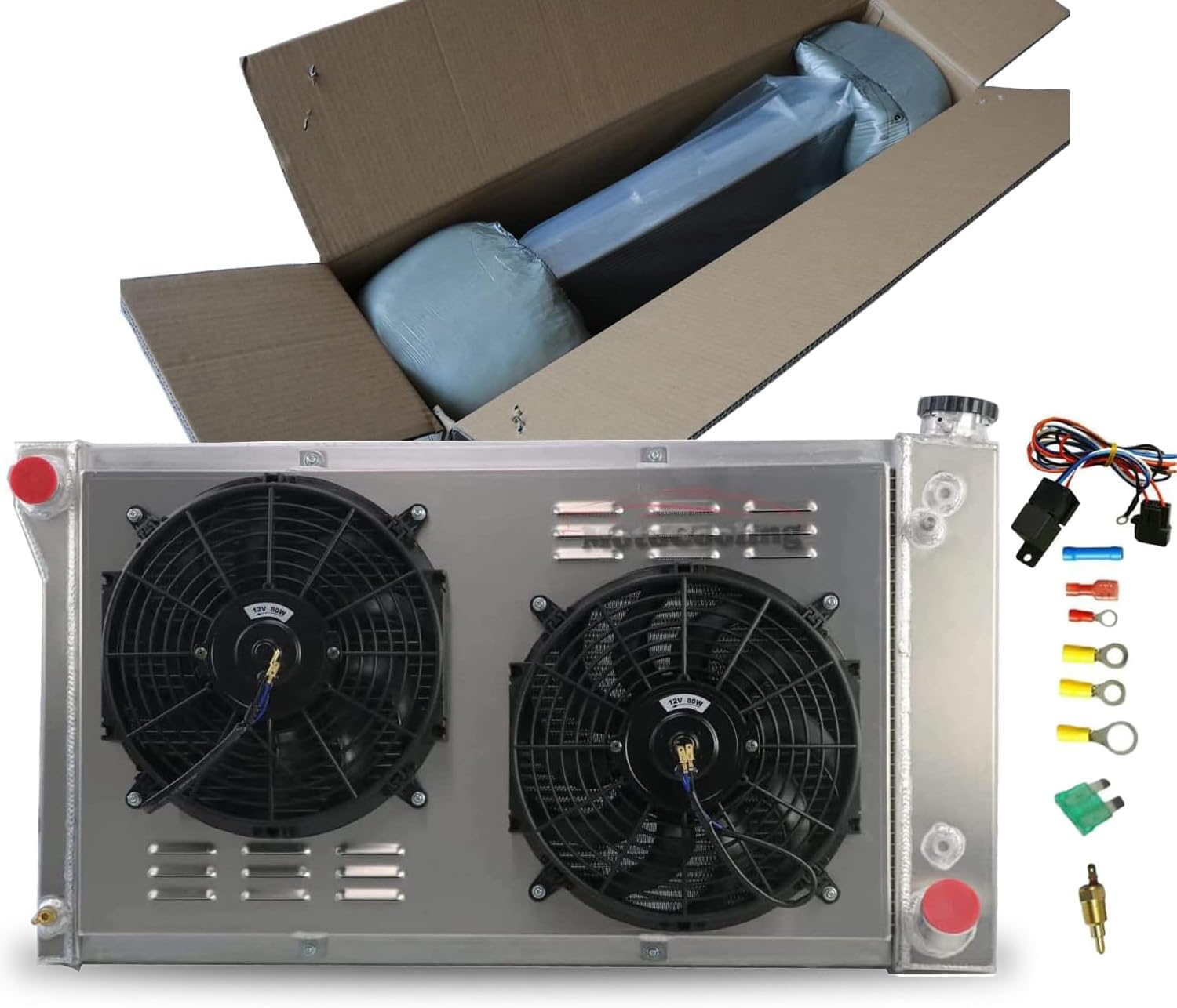 Aluminum Radiator with Electric Fan Shroud Thermostat Kit for Chevy C/K/G/P Series C10 C20 C30 K10 K20 K30 Van Blazer Pickup Suburban Truck, GMC Jimmy 1967-1972, 3 Row