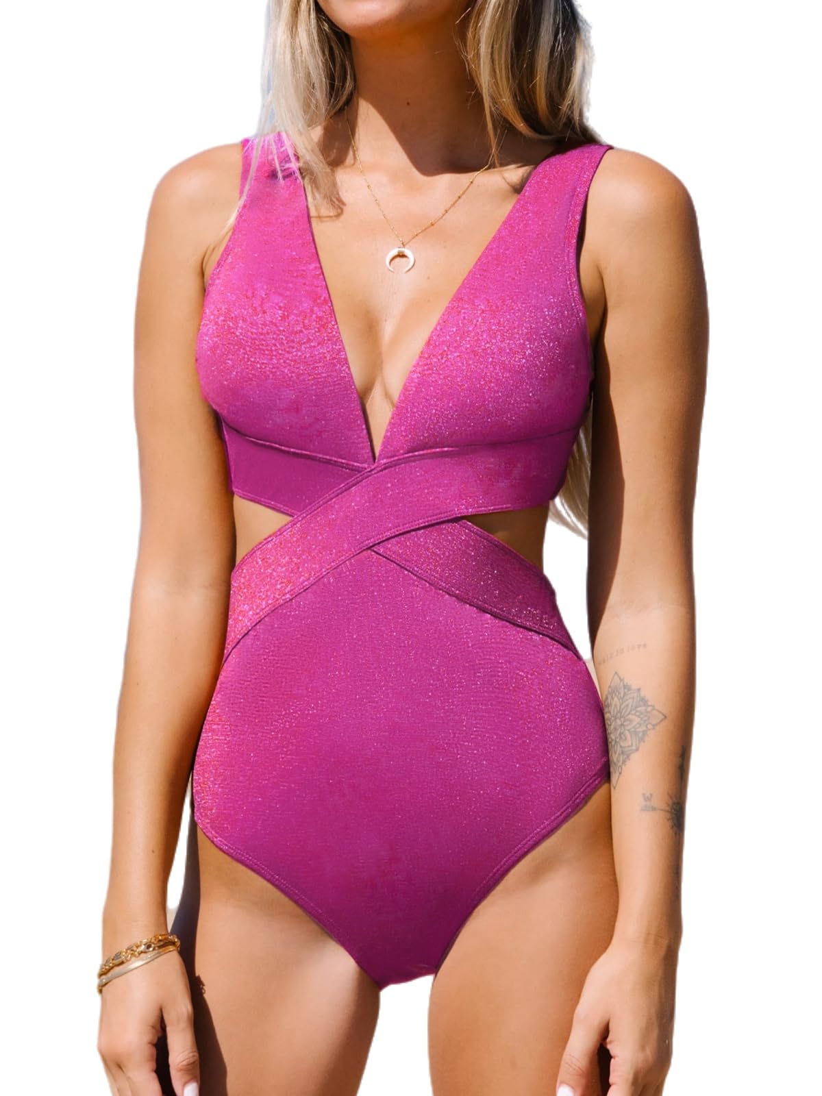 CUPSHE One Piece Swimsuit for Women Bathing Suit V Neck Cutout Sexy Swimwear Wide Straps Back Hook Shiny Texture