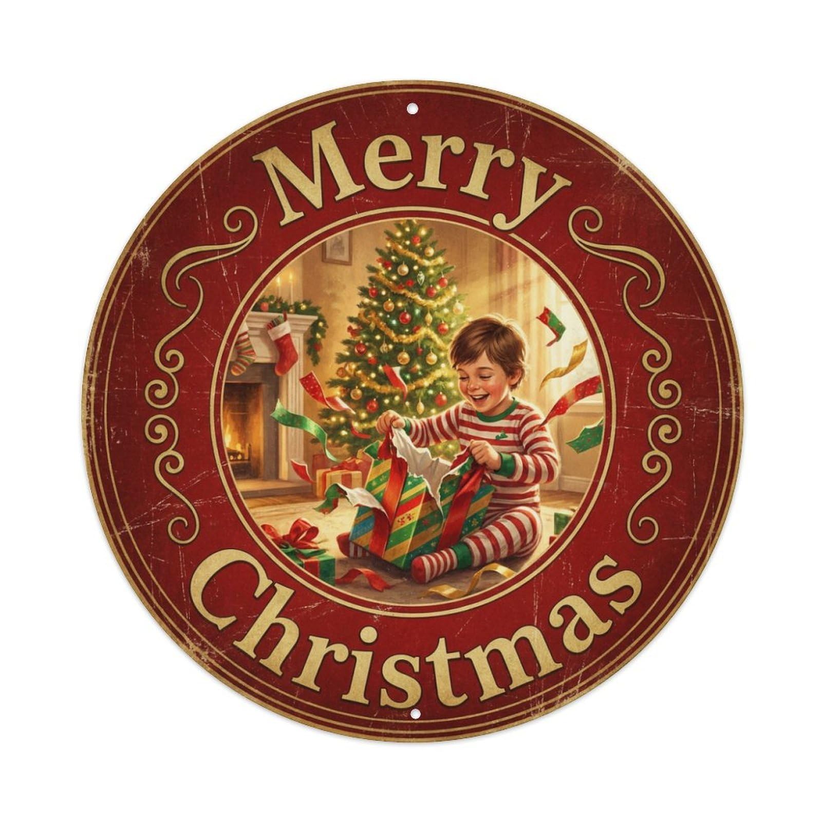 Merry Christmas Gift Unwrap Joy Child Metal Tin Sign