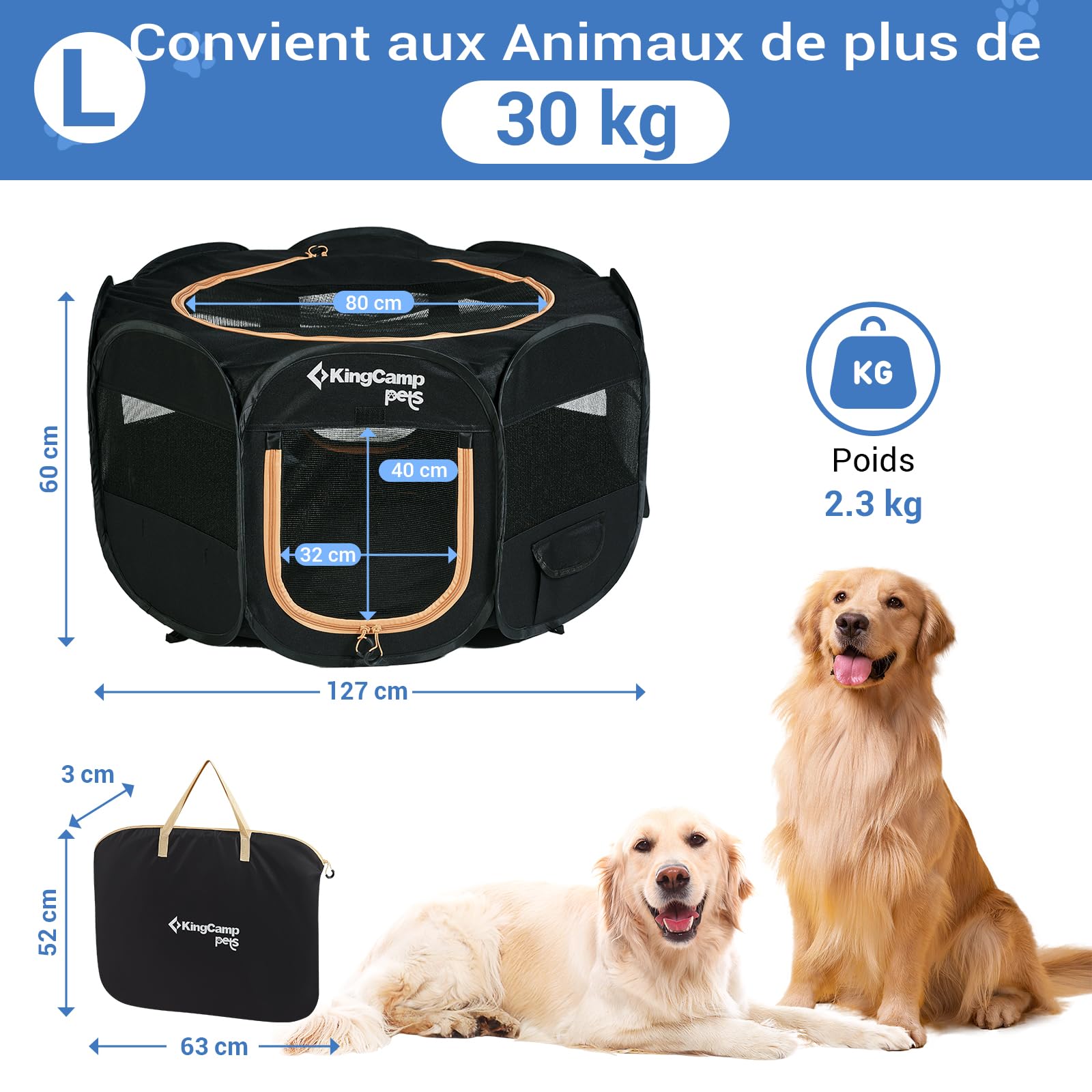 KingCamp Parc Pliable pour Chien Chat Chaton Parc Chien Enclos Parc Chiot Respirant en Oxford Résistant à l'eau Niche Cage Portable Animaux pour Interieur Extérieur avec Sac de Transport