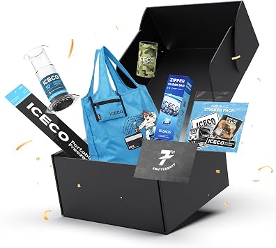 ICECO Anniversary Celebration Gift Box, 7-in-1 Client Appreciation Bundle, Portable Coffee Maker Set with Magnetic Cup Holder, Reusable Storage Bags, Shopping Tote, Greeting Card, Car Stickers