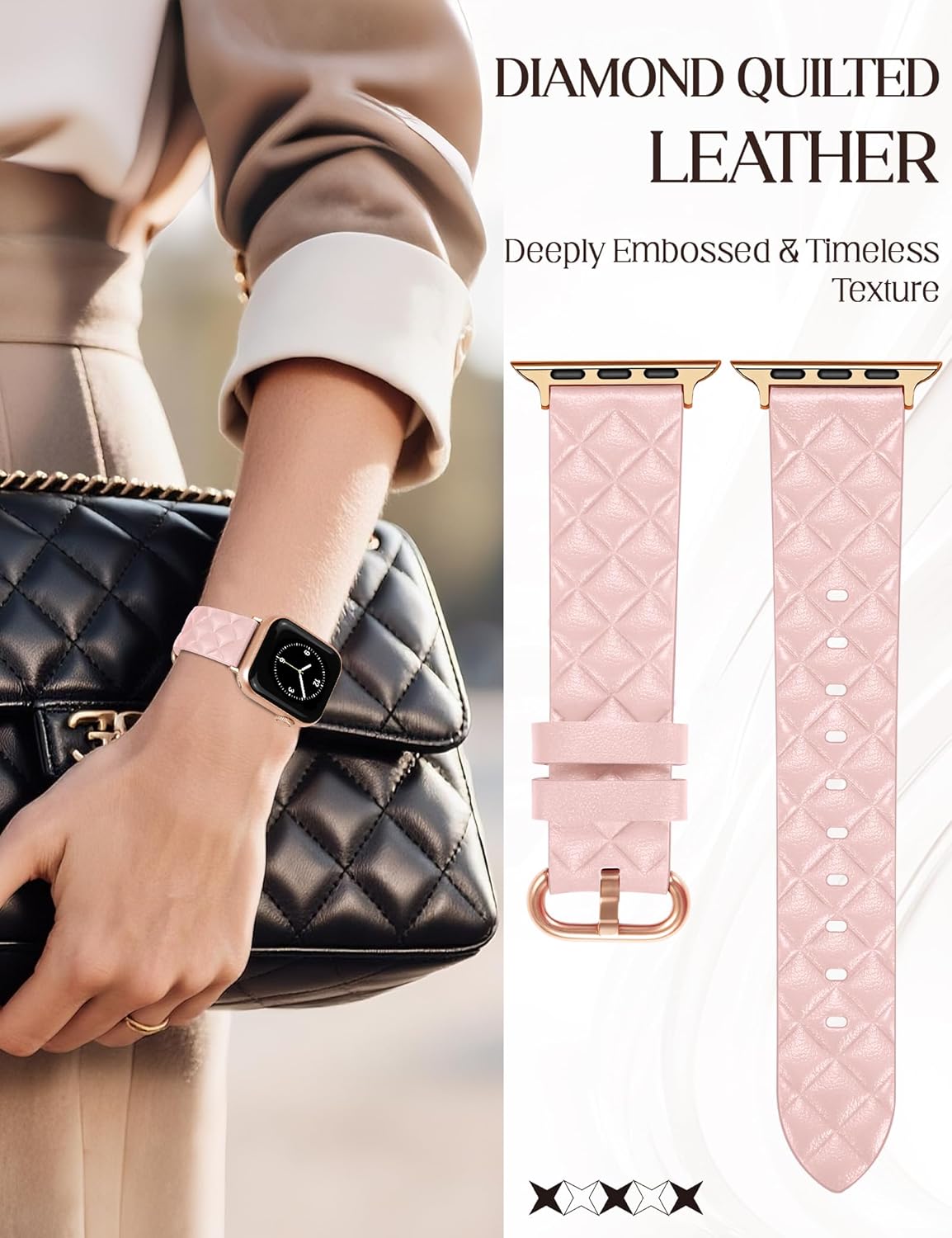 Designer Leather Bands Compatible with Apple Watch Band 38mm 40mm 41mm 42mm(S11/10) for Women，Genuine Leather Checkered Engraved Strap for iWatch Series 11/10/9/8/7/6/5/4/3/2/1/SE/Ultra3/2/1 - Image 2