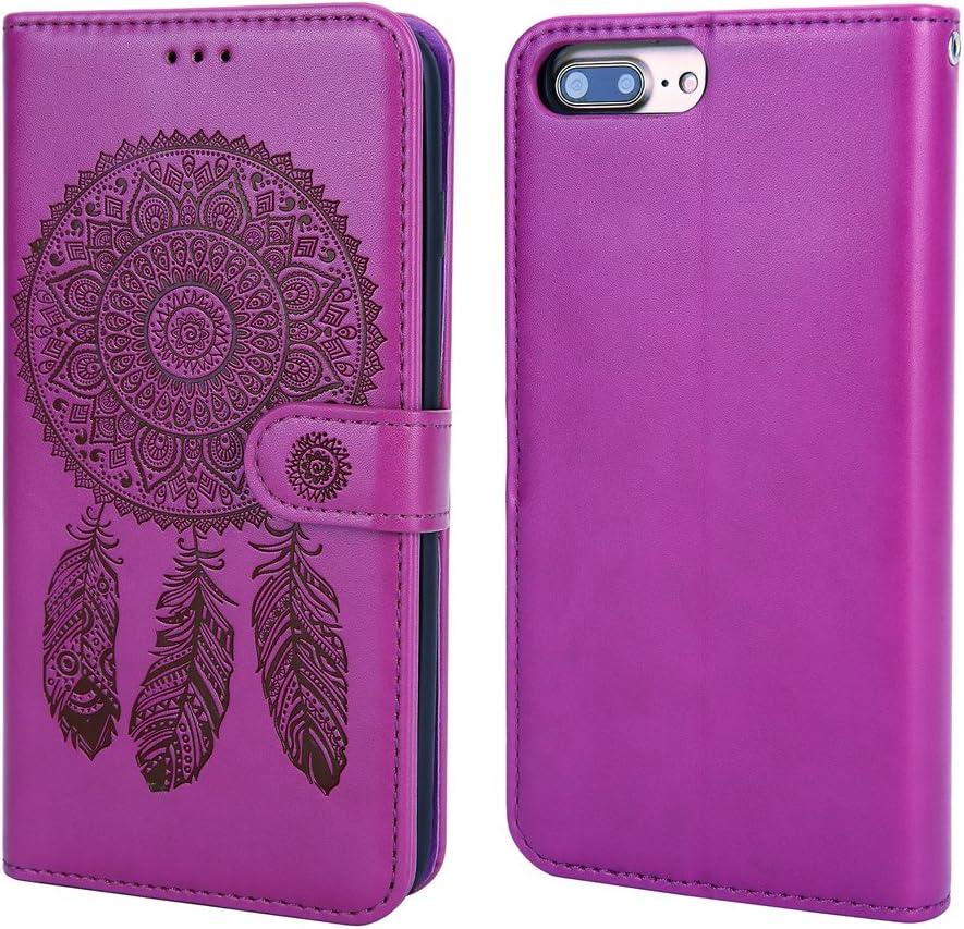 WaterFox Case for iPhone 6/7 / 8 Plus, Wallet Leather Case with 2 in 1 Detachable Slim Cover, Women's Vintage Embossed Pattern with 3 Card Slots & Wrist Strap Case - Purple