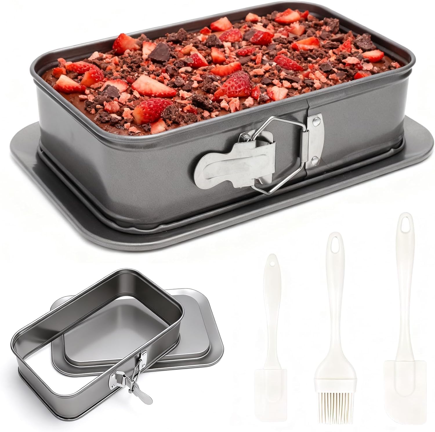 ZRUEWOT Rectangle Cake Tin with Springform Lock Non-Stick Traybake Tin with 3 Silicone Spatulas Cheesecake Baking Pan for Brownie Tiramisu Oblong Cakes Gift Set for Home Use