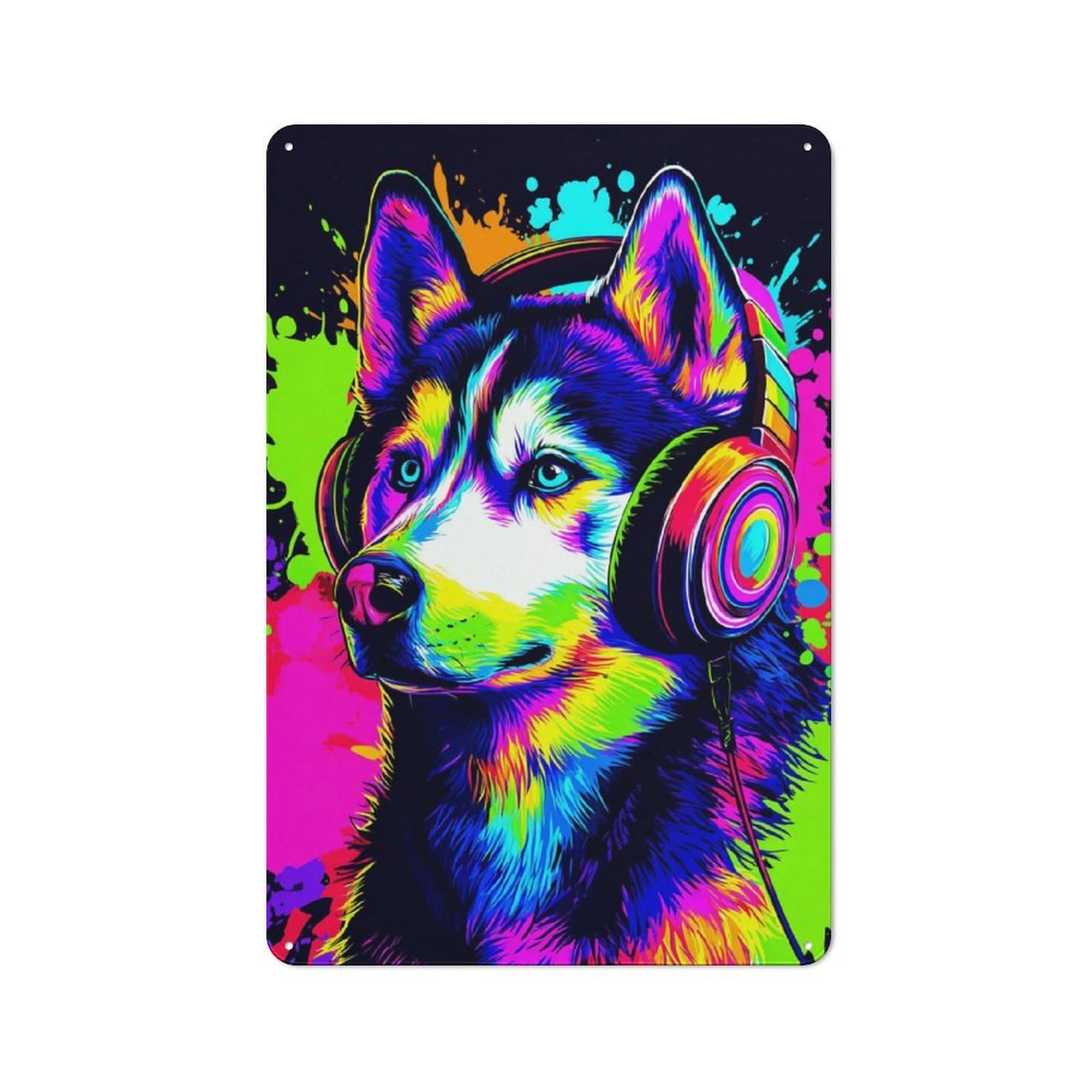 Metal Plaque with Colorful Husky with Headphones Design 30x20cm, Vintage Bistro Wall Plaque for Coffee Bar, Kitchen, Bistro Or Tea Corner