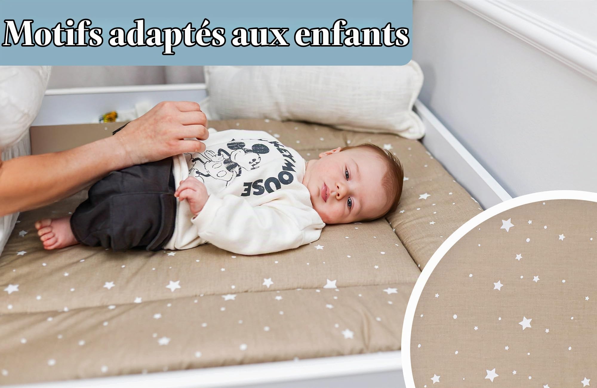 Table à langer bebe 75x72 cm - matelas à langer pliable imperméable et portable en coton lavable pour commode Hemnes ou Malm 75 x 72 Oeko-Tex Beige avec étoiles blanches