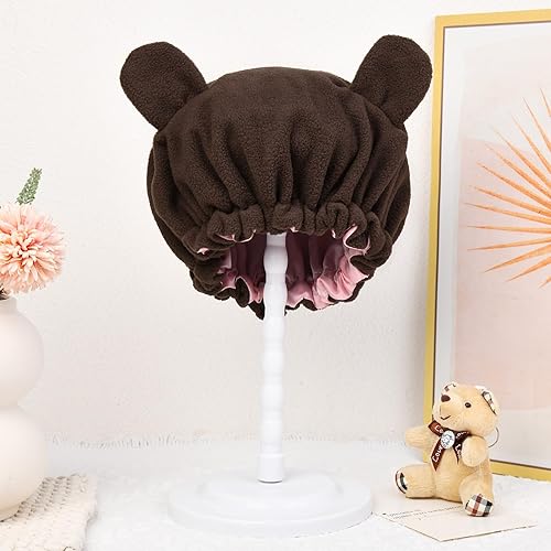 Miniatura 5 de Gorro de satén para niños, gorro de oso de bebé, ajustable, gorro kawaii, gorro de dormir marrón, gorro de noche de felpa para cabello natural,