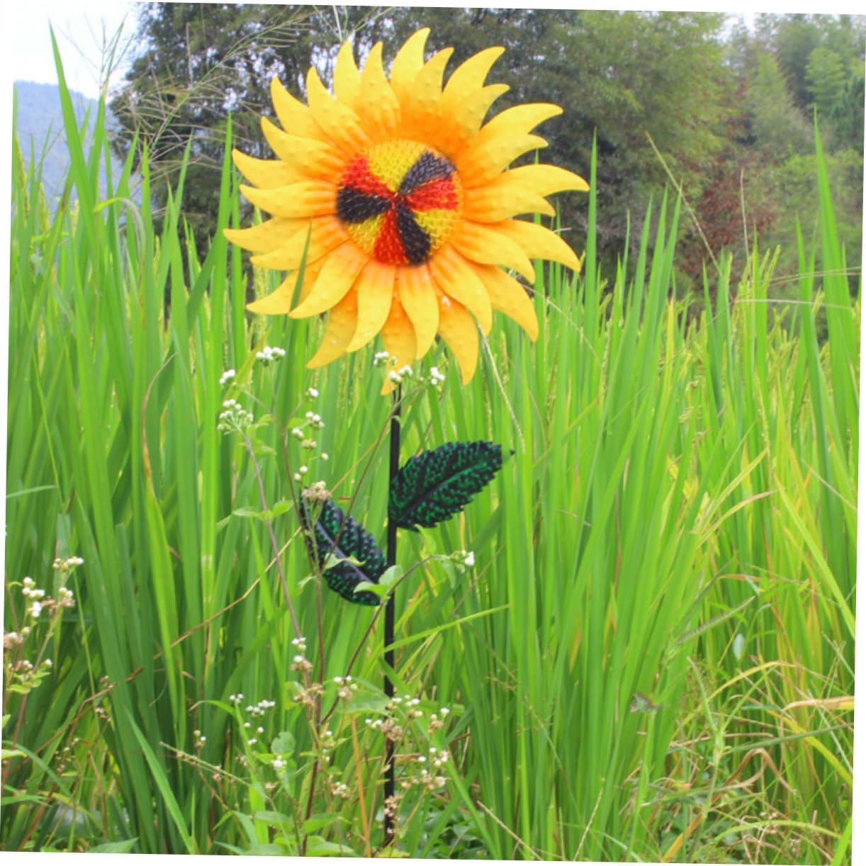 POPETPOP Sunflower Windmill Garden Pinwheel Metal Outdoor Decor Rotating Blades for Garden and Patio Decoration