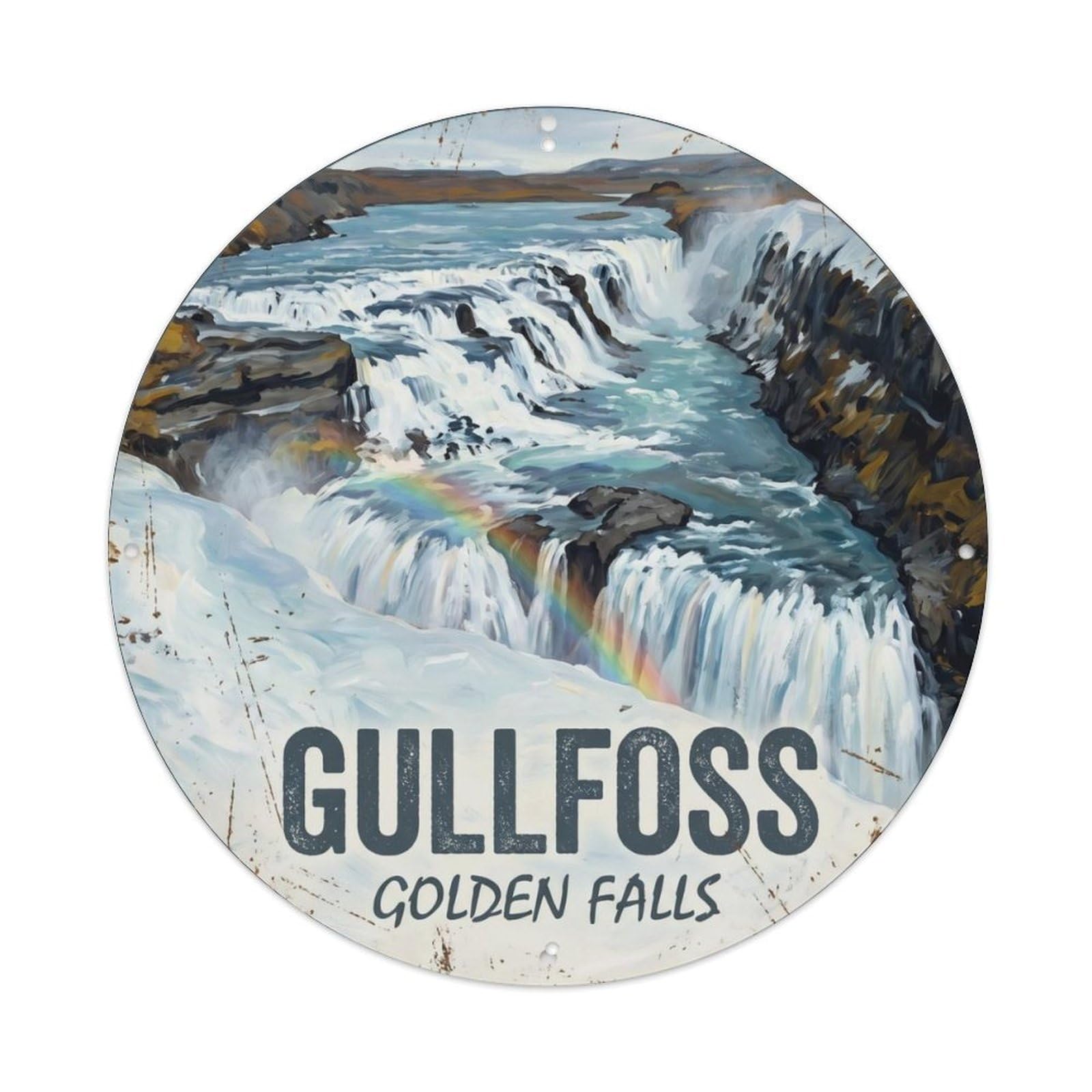 Vintage Travel Gullfoss Iceland Waterfall Metal Tin Sign Plaque Wall Decor for Cafe, Club Bar, Office, Home Garden Round Metal Poster 8x8Inch
