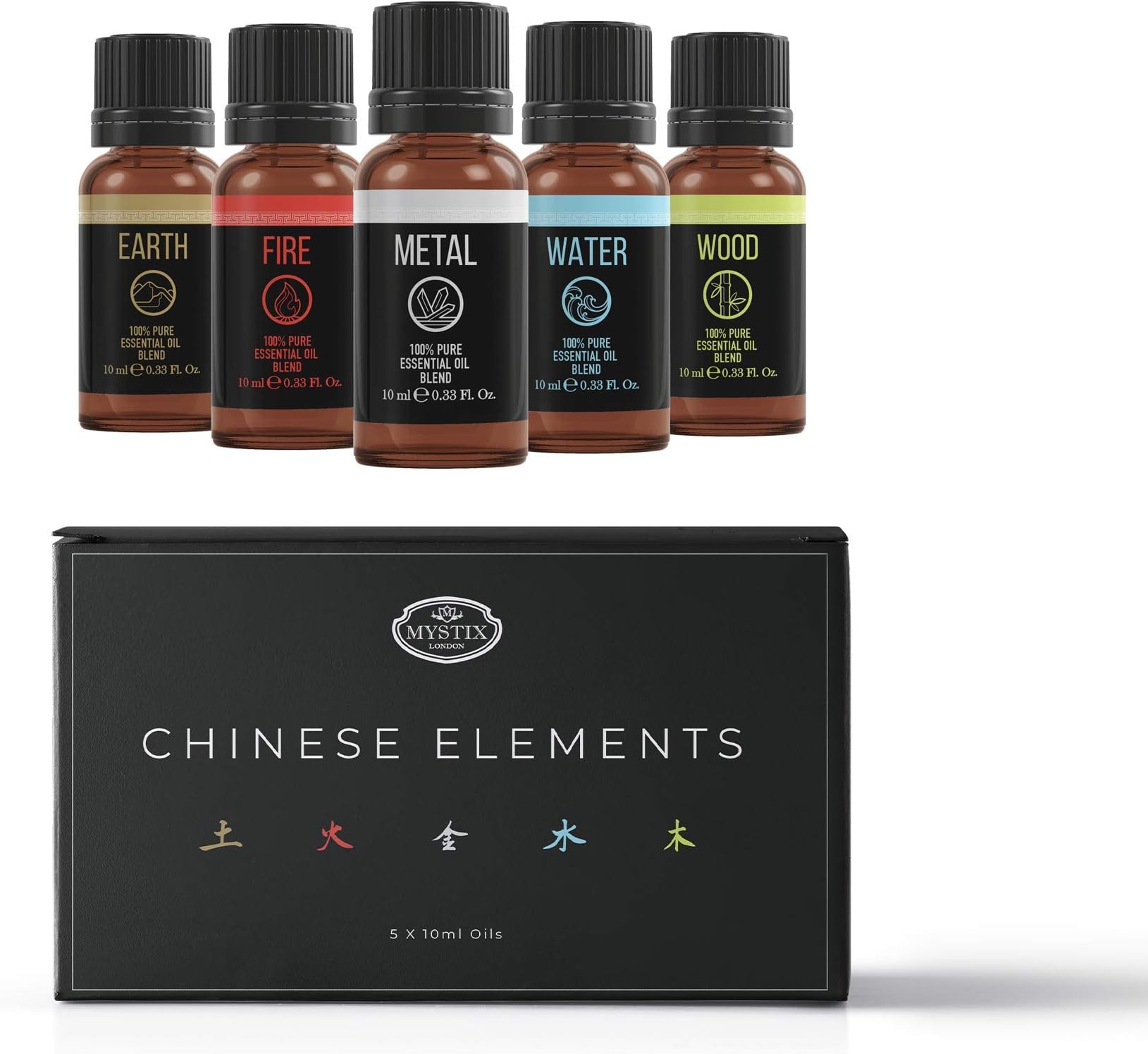 Mystix London | Chinese Elements Essential Oil Blend Gift Pack 5x10ml | Earth, Fire, Metal, Water, Wood Elements | Perfect as a Gift