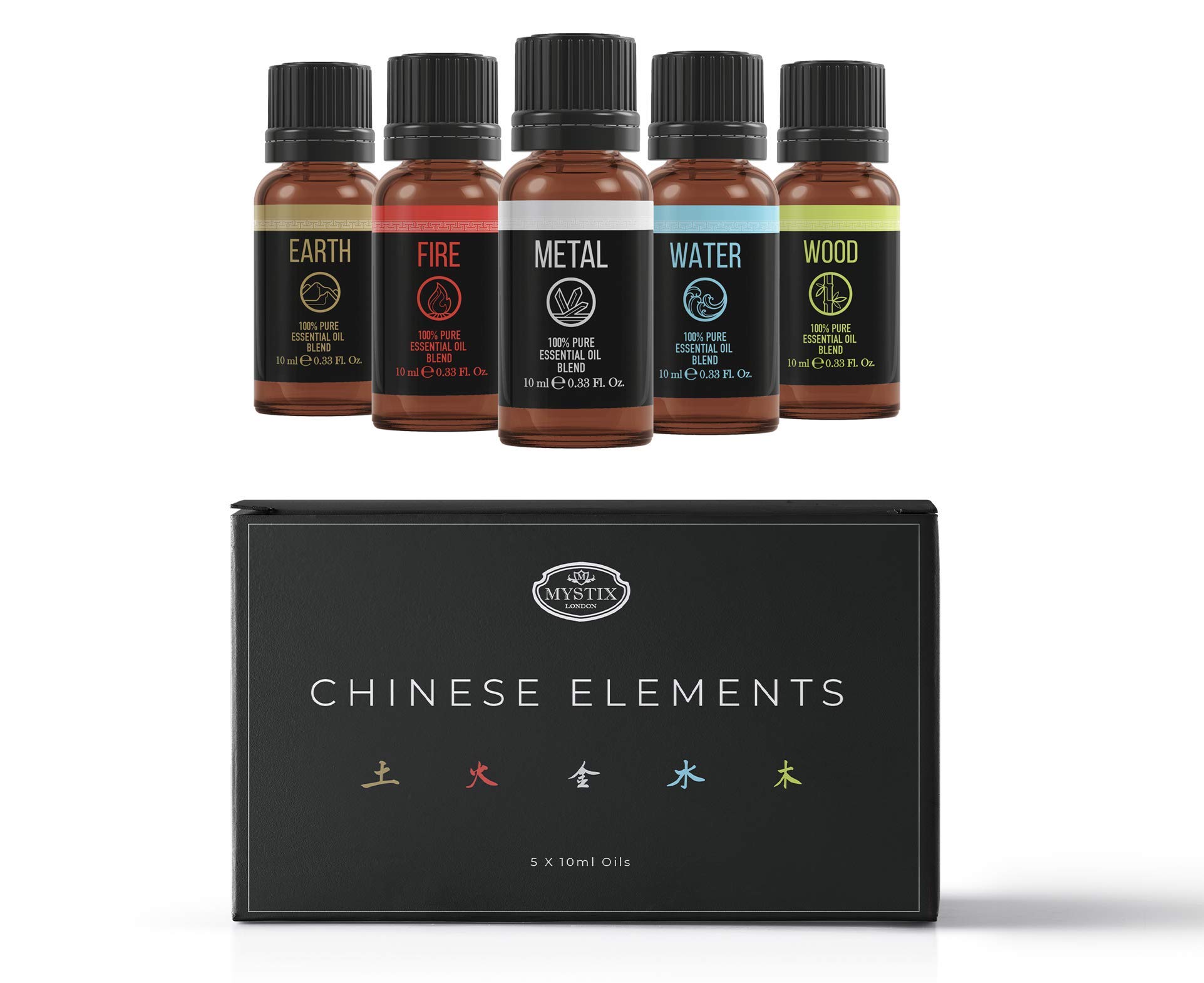 Mystix London | Chinese Elements Essential Oil Blend Gift Pack 5x10ml | Earth, Fire, Metal, Water, Wood Elements | Perfect as a Gift