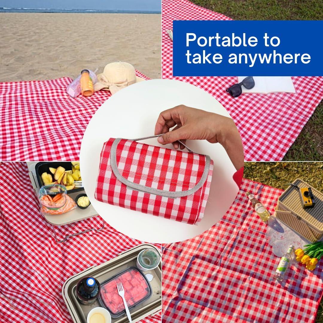 Cute Gingham Picnic Blanket, Waterproof Foldable, in Large 80x60in and Extra Large 80x80in, Portable Compact Beach Blanket, Oversized XL Outdoor Mat (Red, Large) image 2