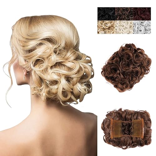 Miniatura 13 de Elaine Peines de moño desordenado, extensión de moño rizado, extensión de moño grueso, con clip, coleteros para mujer (marrón oscuro, #98)