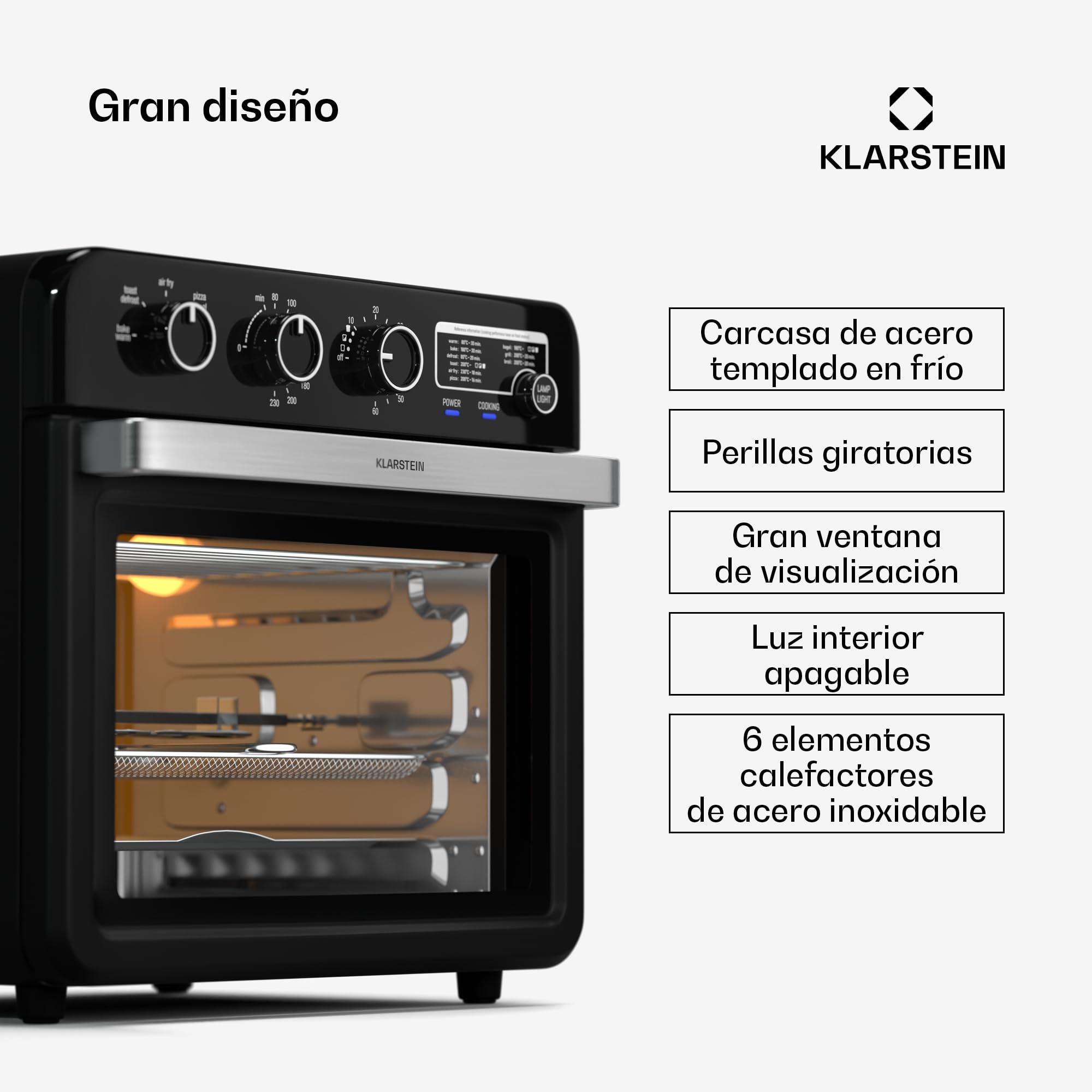 Klarstein AirGlaze Freidora De Aire – 34L, 2000W, 9 Programas, Control Giratorio, Ventana Panorámica, Accesorios Incluidos: Rejilla, Cesta, Bandeja & Asador, Negro