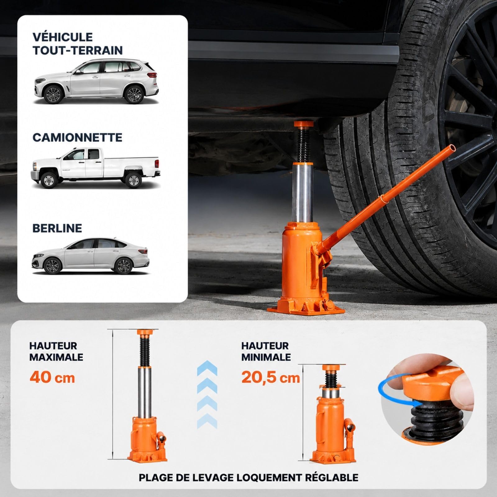 Cric Bouteille hydraulique Orange pour Voiture SUV et Garage, cric de Levage pour Entretien Automobile et Atelier