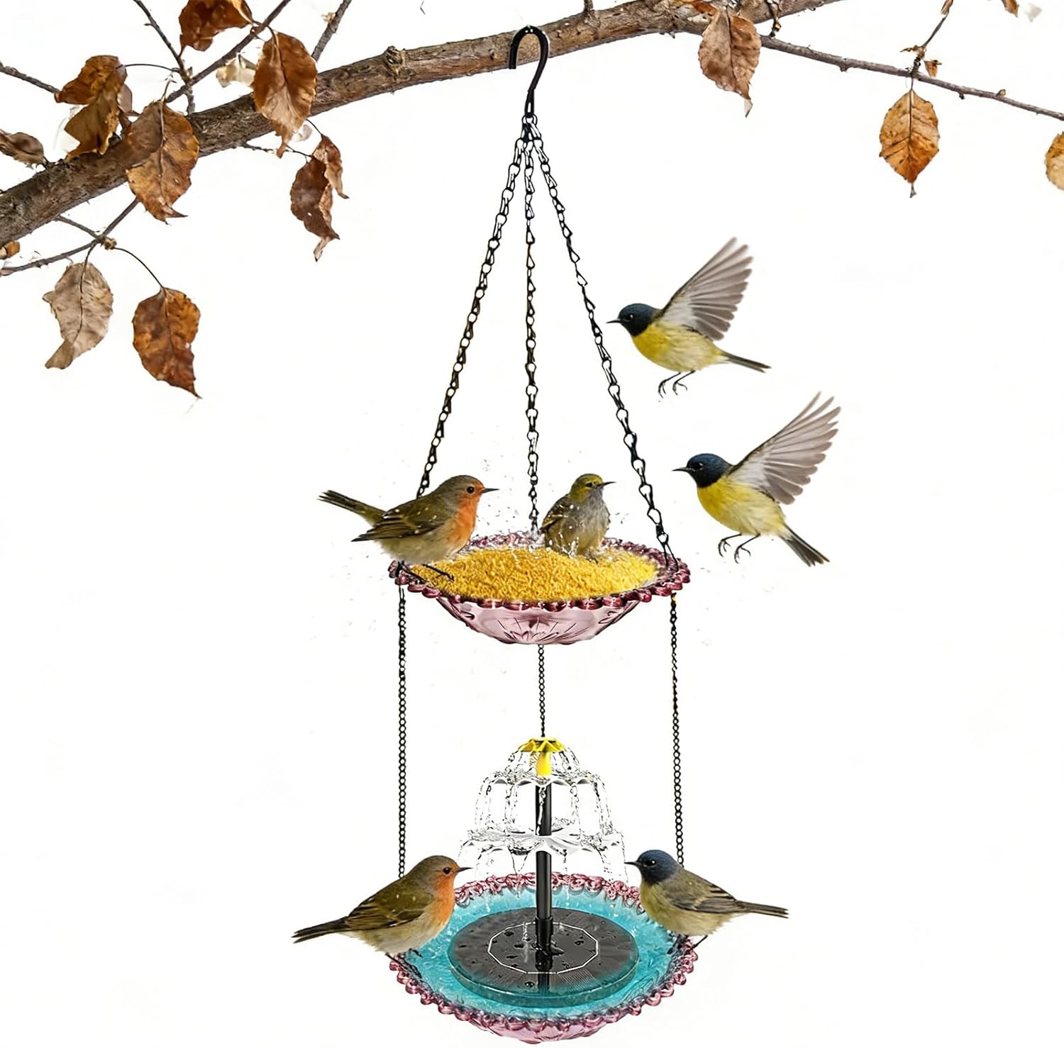 Double Layer Solar Hanging Bird Bath Fountain, 2026 Solar Powered Birdbath with Birds Feeder Bowl, Outdoor Hummingbird Water Fountain for Bird Bath Shower, Garden Decor (Purple)