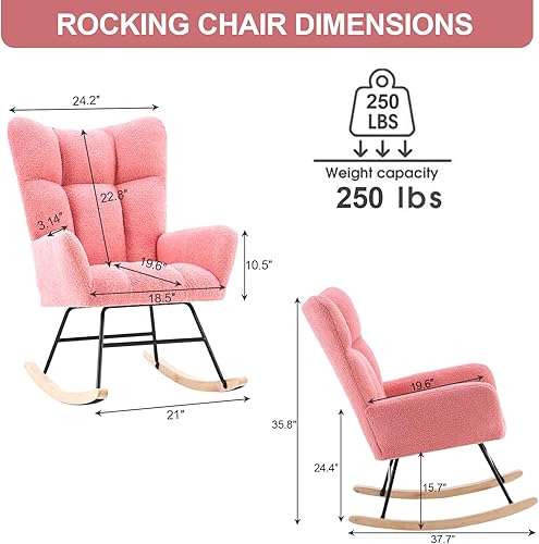 Miniatura 2 de Mecedora para guardería, mecedora tapizada de peluche, con respaldo alto, reposabrazos y cómoda silla auxiliar, mecedora para guardería con base de