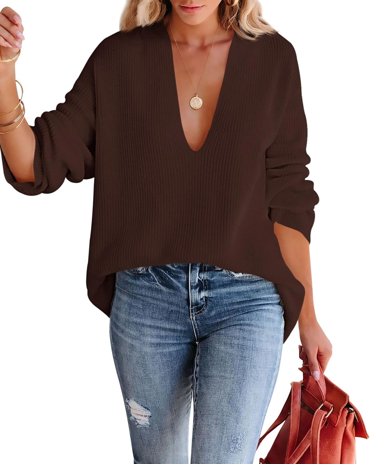 Imily Bela Womens Oversized Deep V Neck Sweaters Sexy Long Sleeve Tunic Sweater Knitted Dressy Pullover Jumper